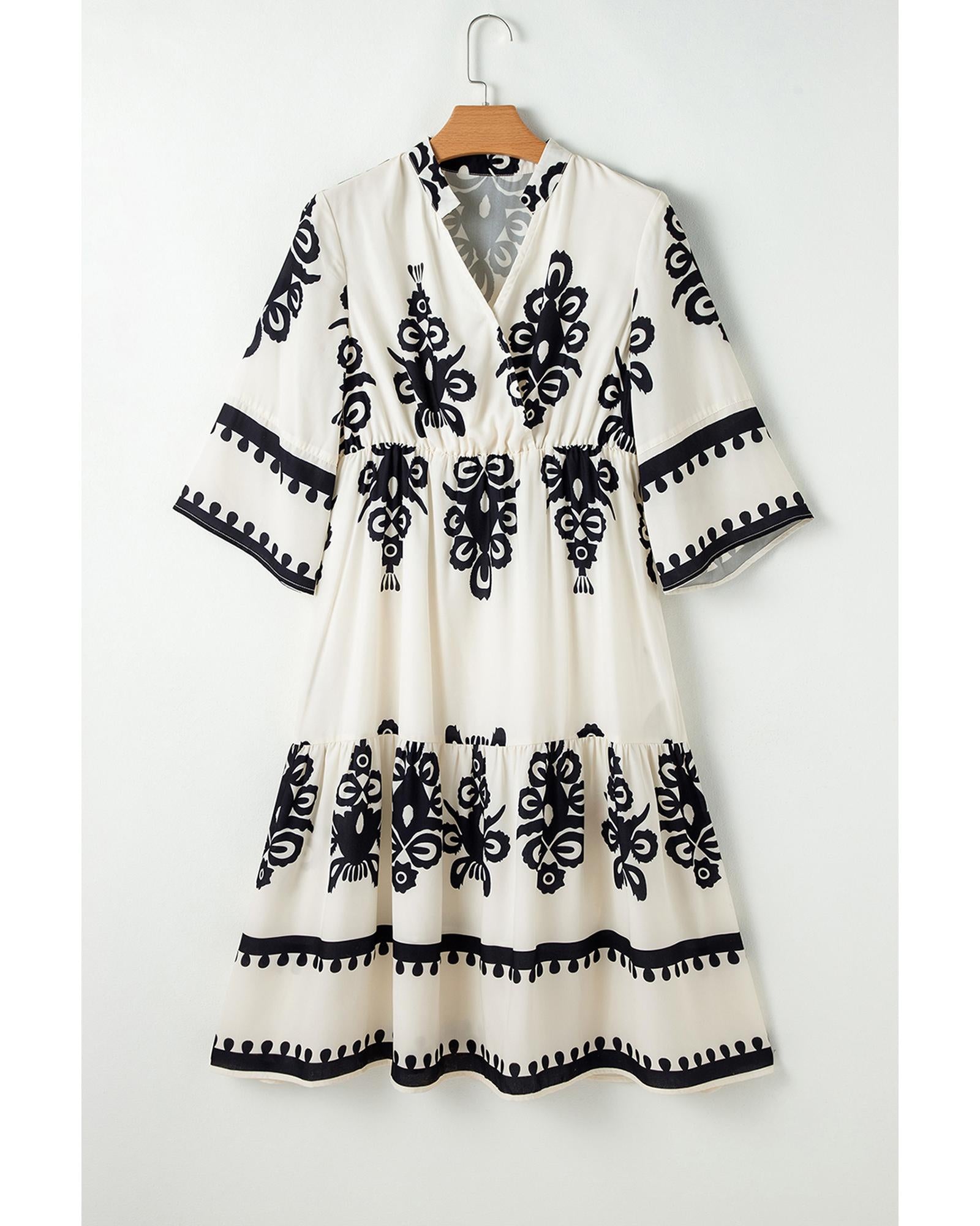Beige Western Geometric Print 3/4 Sleeve Loose Midi Dress - S