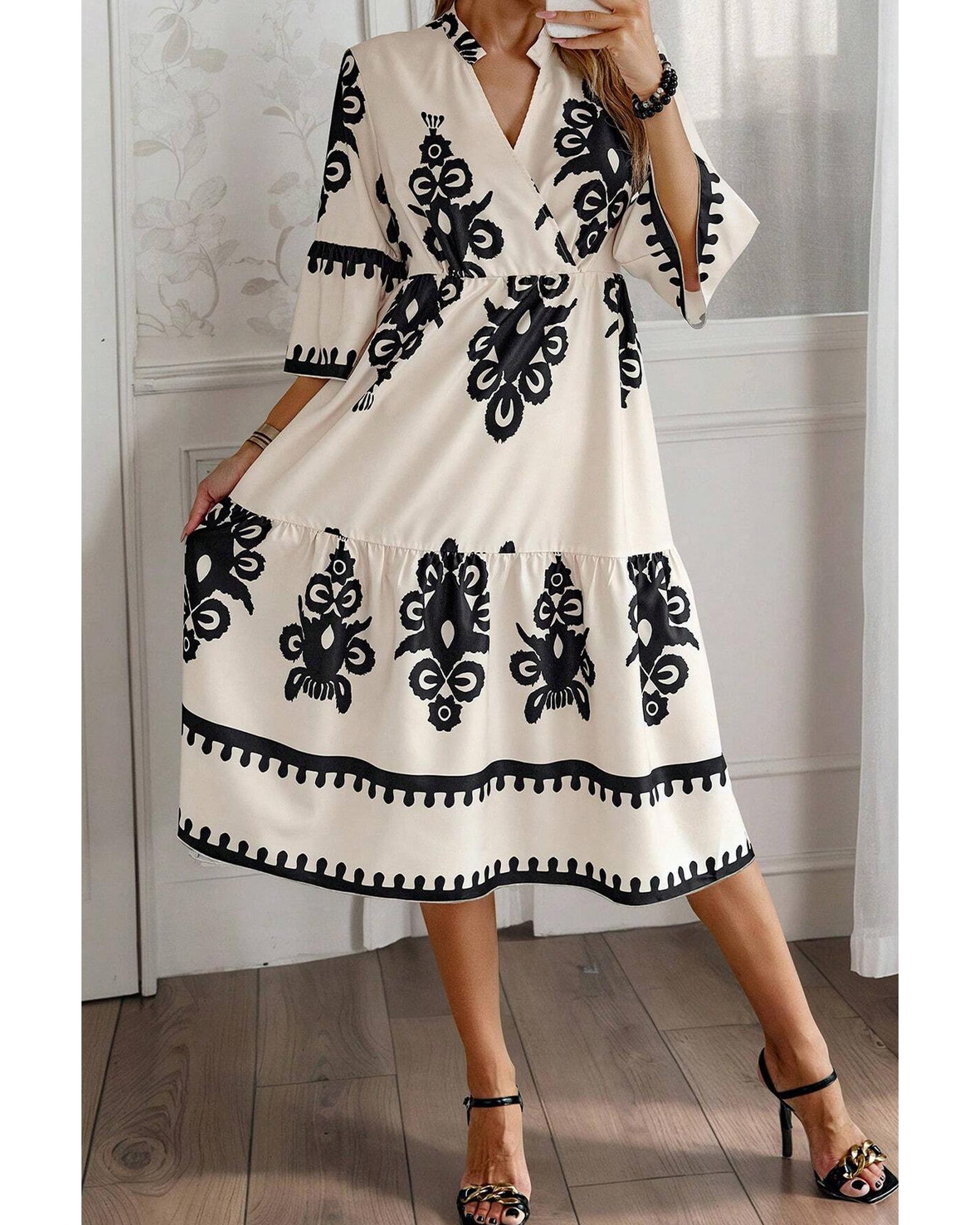 Beige Western Geometric Print 3/4 Sleeve Loose Midi Dress - XL