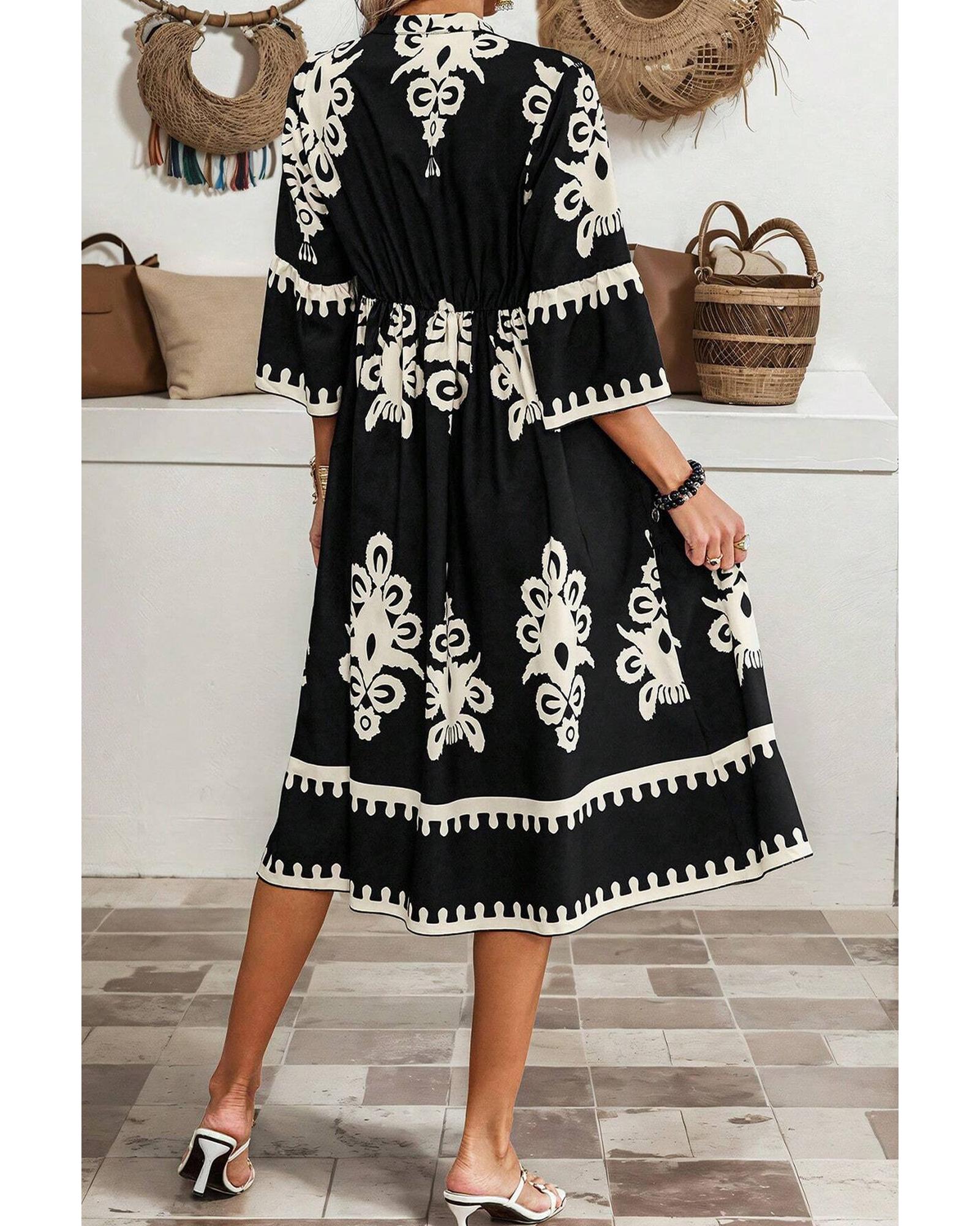 Black Western Geometric Print 3/4 Sleeve Loose Midi Dress - M