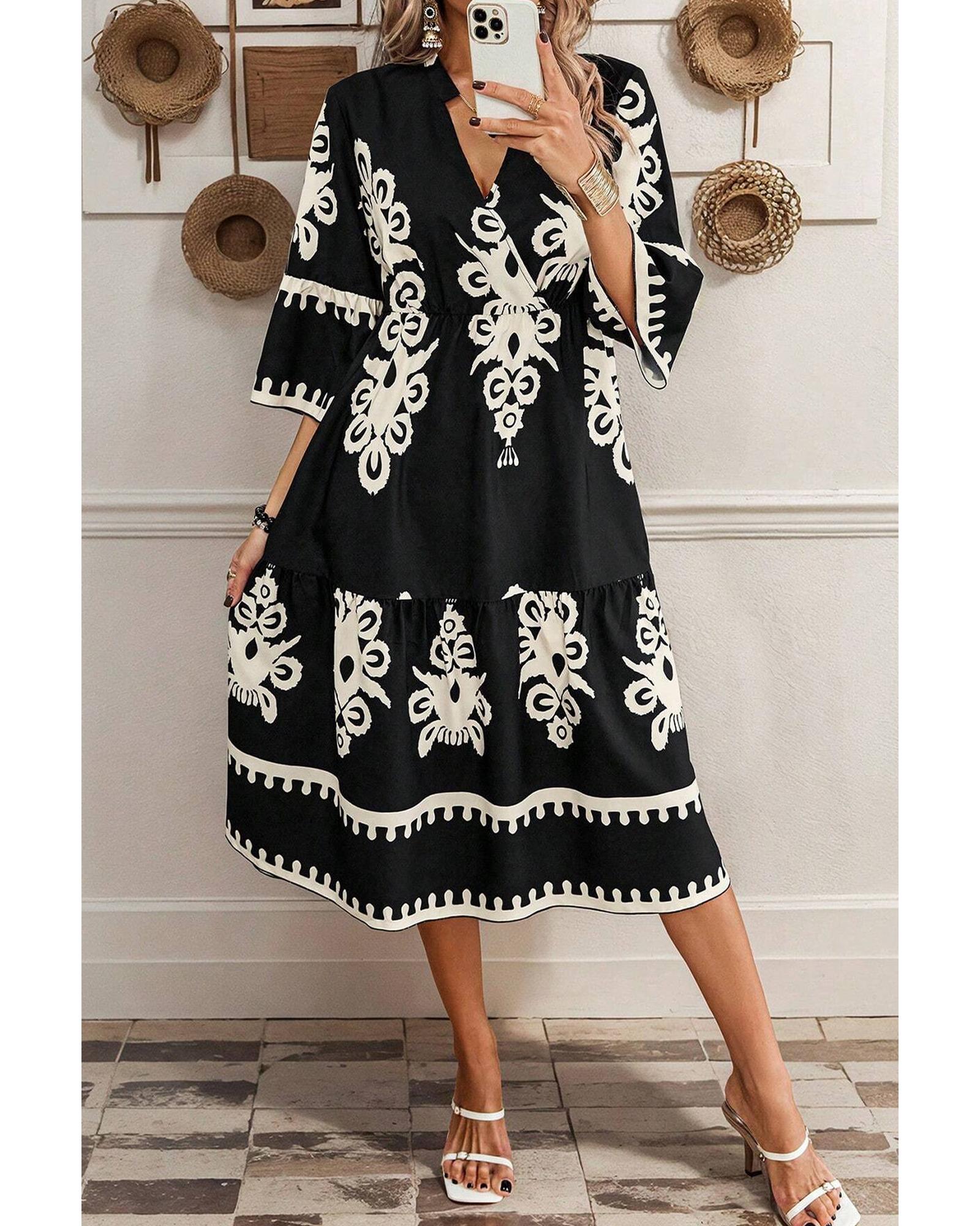 Black Western Geometric Print 3/4 Sleeve Loose Midi Dress - M