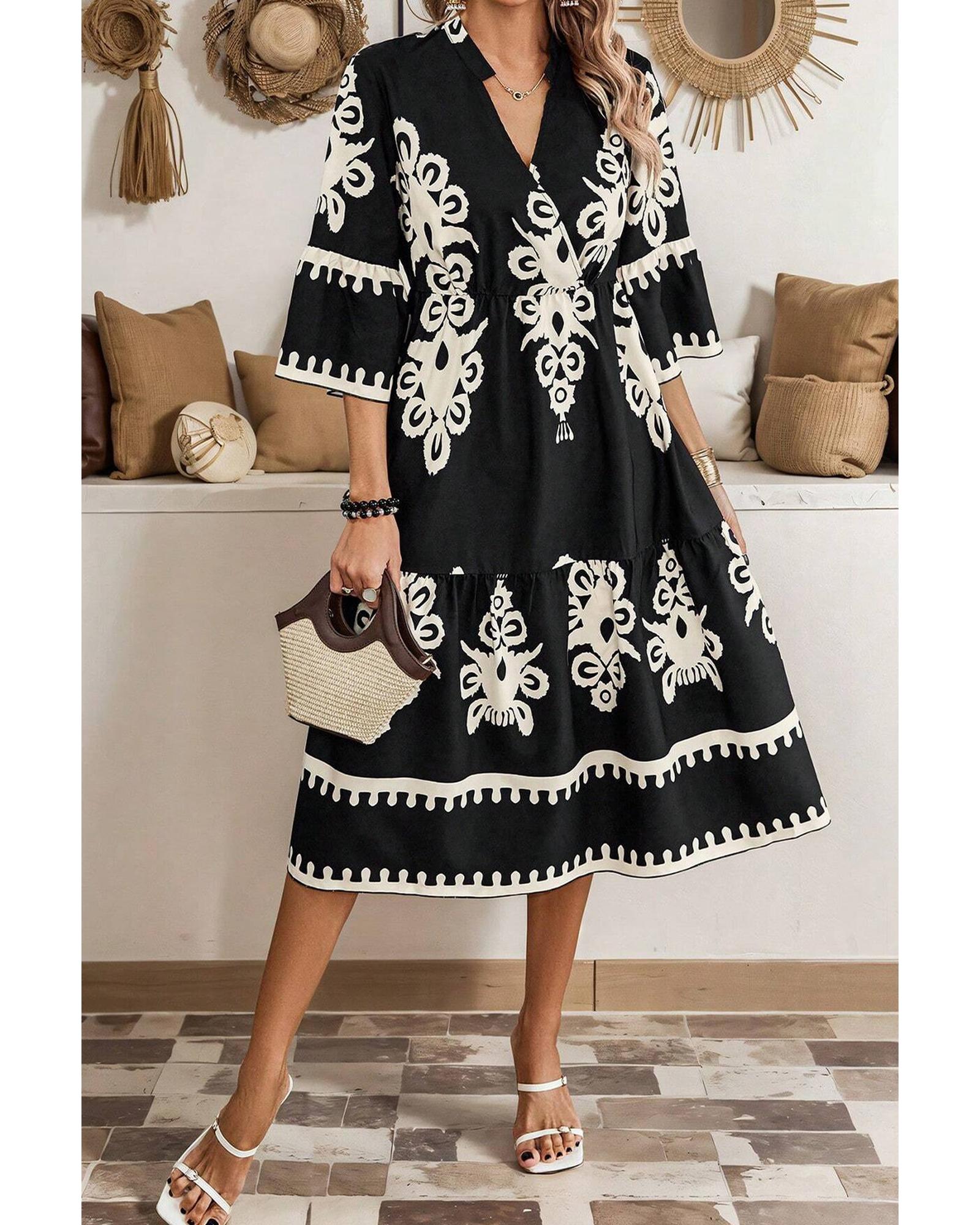Black Western Geometric Print 3/4 Sleeve Loose Midi Dress - S