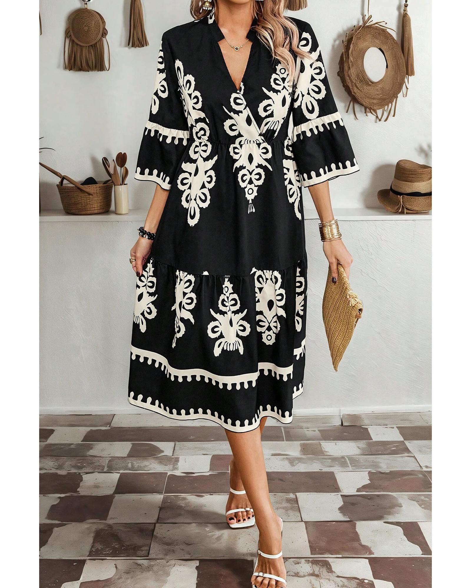 Black Western Geometric Print 3/4 Sleeve Loose Midi Dress - S