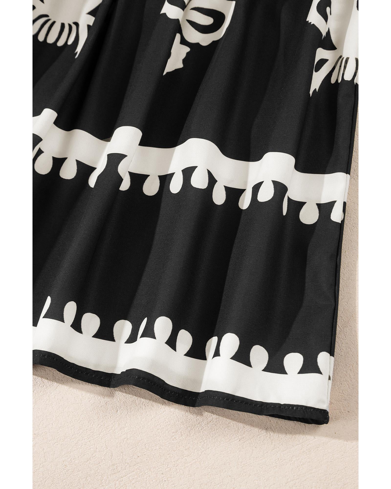 Black Western Geometric Print 3/4 Sleeve Loose Midi Dress - S