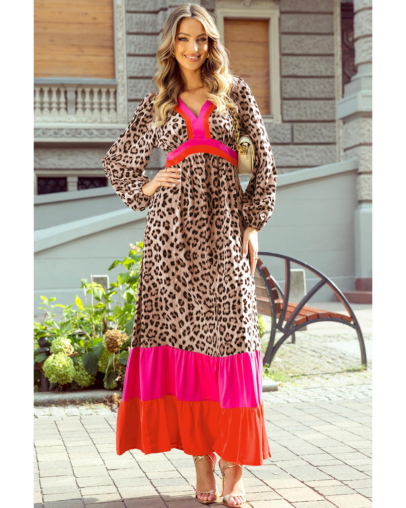 Brown Leopard Color Block V Neck Loose Fit Maxi Dress - L