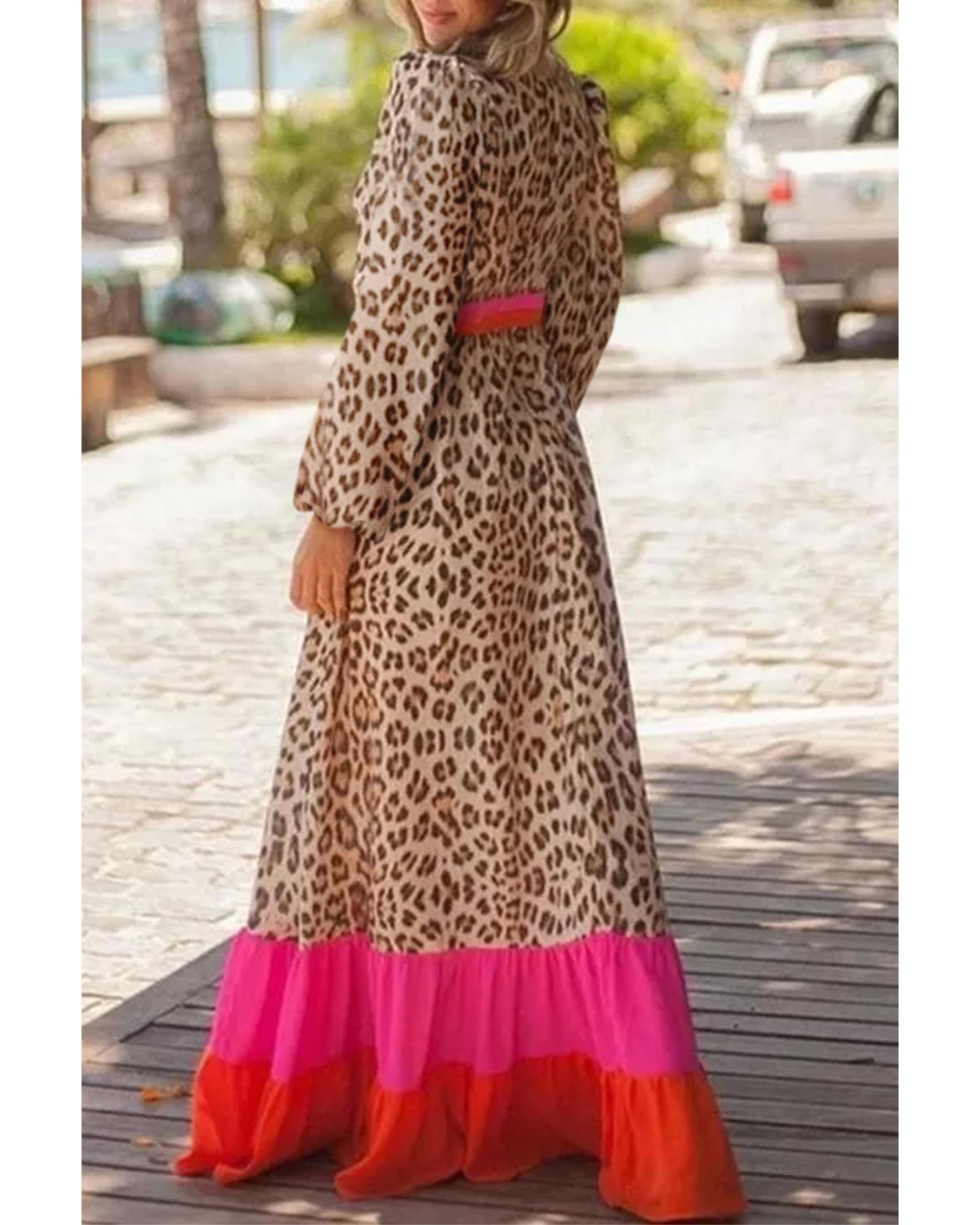 Brown Leopard Color Block V Neck Loose Fit Maxi Dress - L