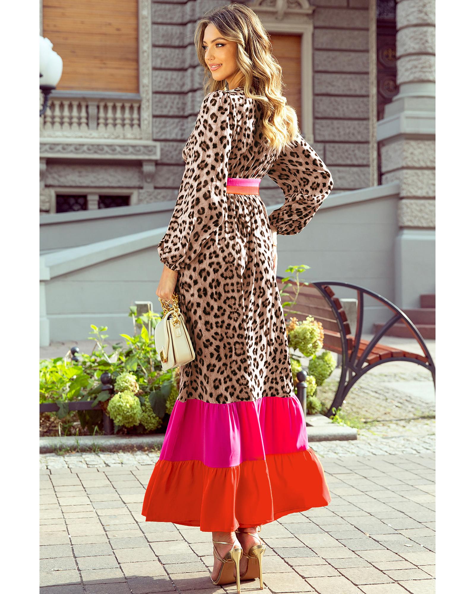 Brown Leopard Color Block V Neck Loose Fit Maxi Dress - L
