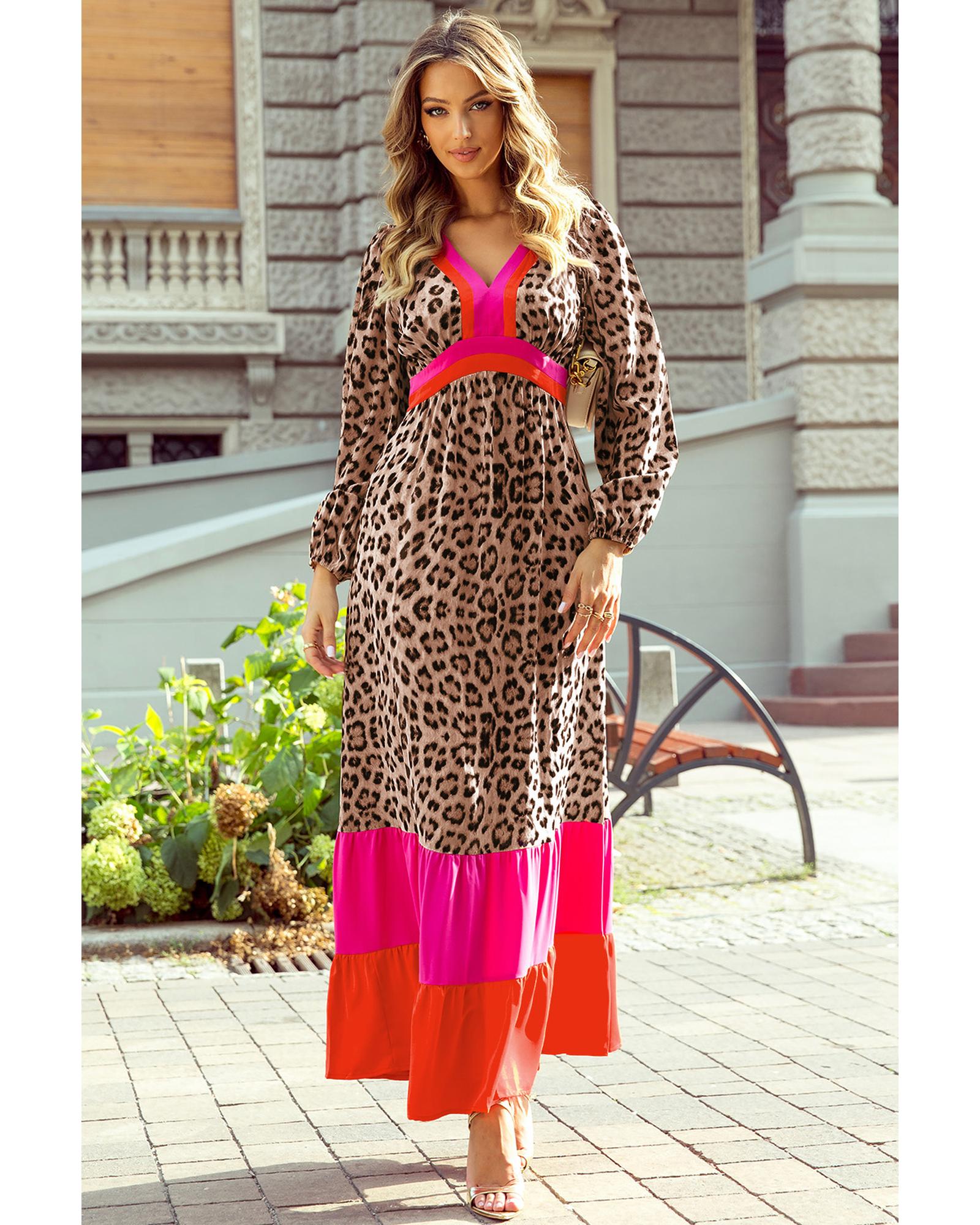 Brown Leopard Color Block V Neck Loose Fit Maxi Dress - XL