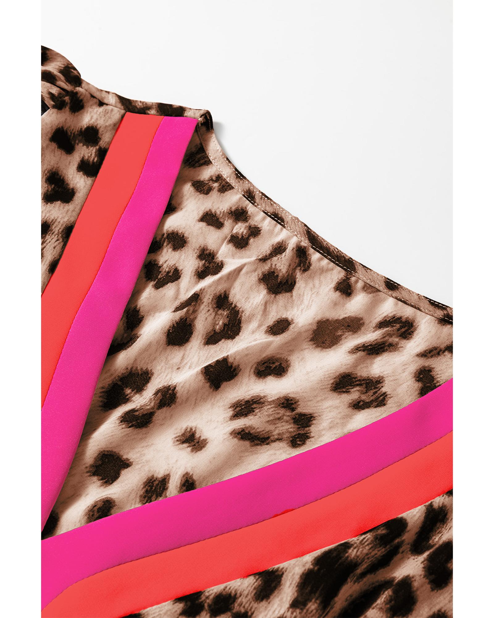 Brown Leopard Color Block V Neck Loose Fit Maxi Dress - XL