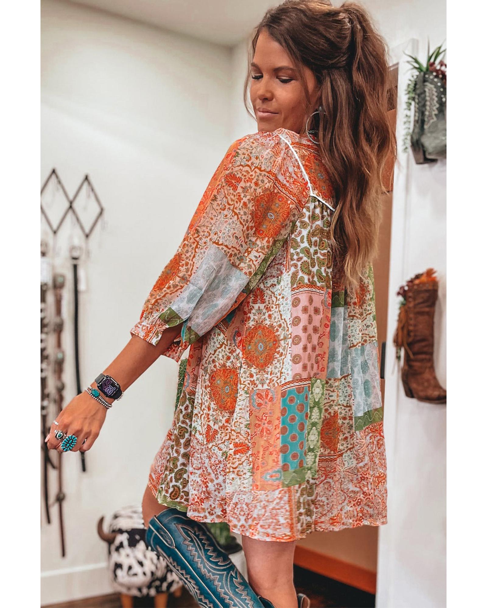 Orange Boho Paisley Mixed Print 3/4 Sleeve Chiffon Loose Dress - XL