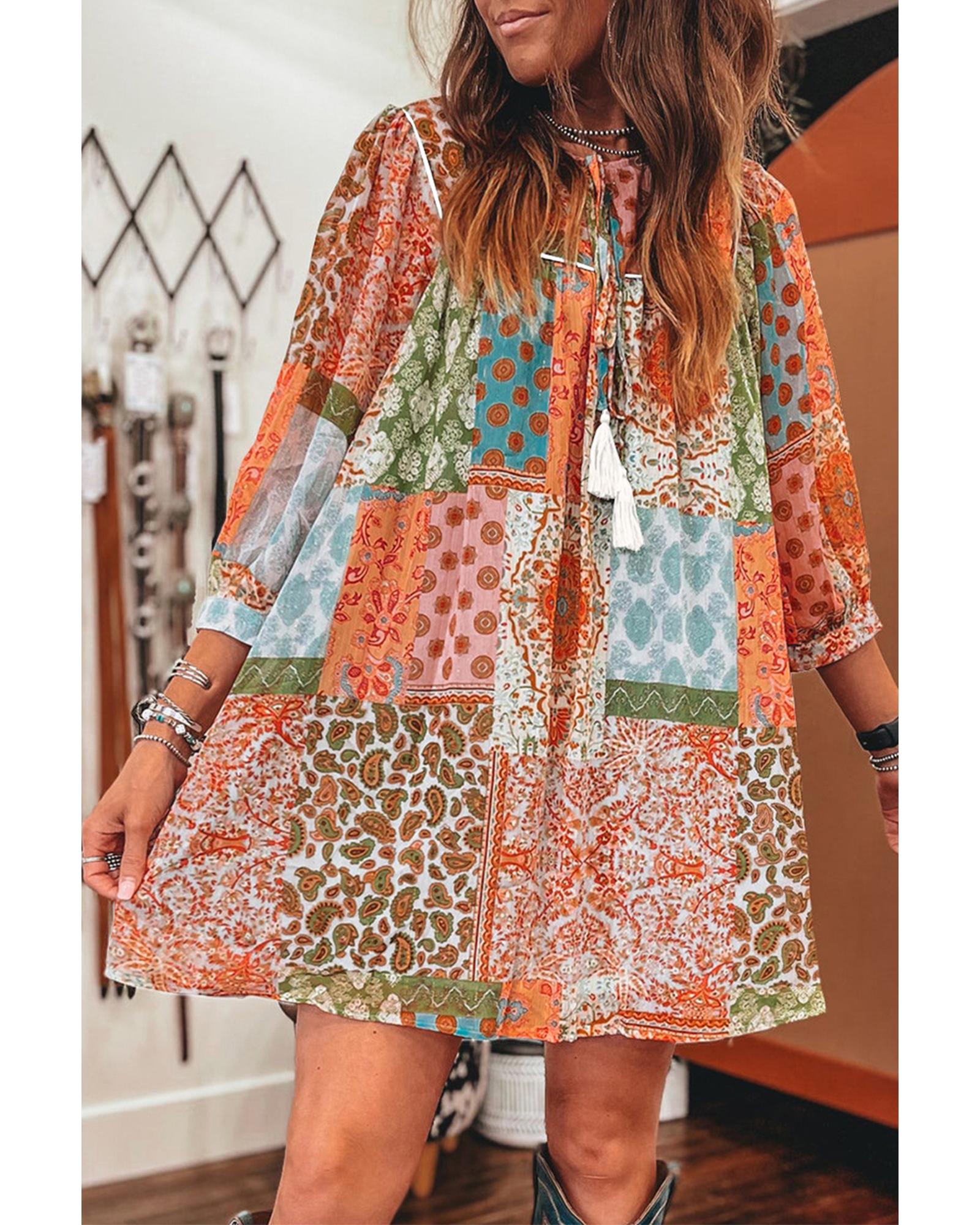 Orange Boho Paisley Mixed Print 3/4 Sleeve Chiffon Loose Dress - XL