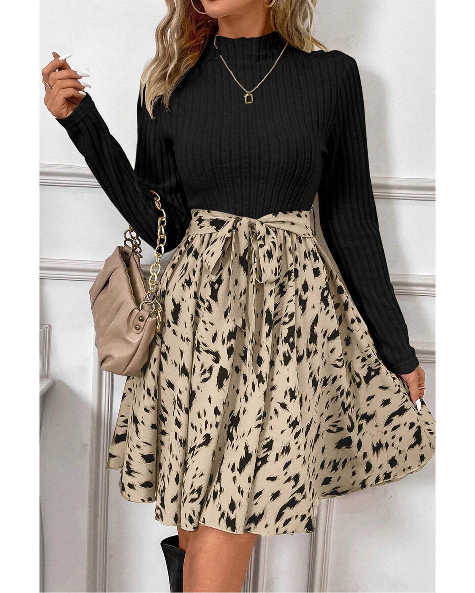 Black Ribbed Knit Patchwork Printed Belted A-line Dress - L