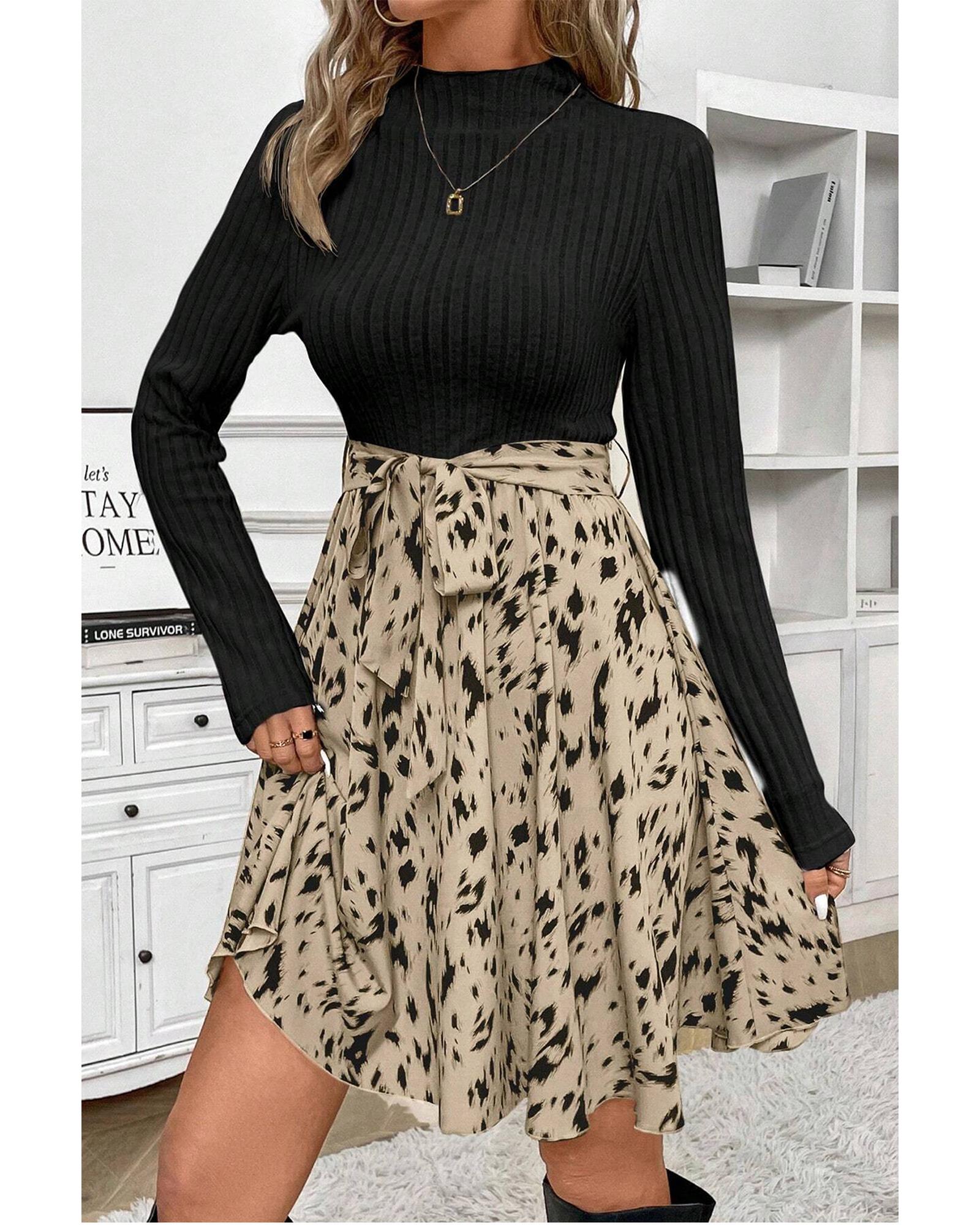 Black Ribbed Knit Patchwork Printed Belted A-line Dress - L