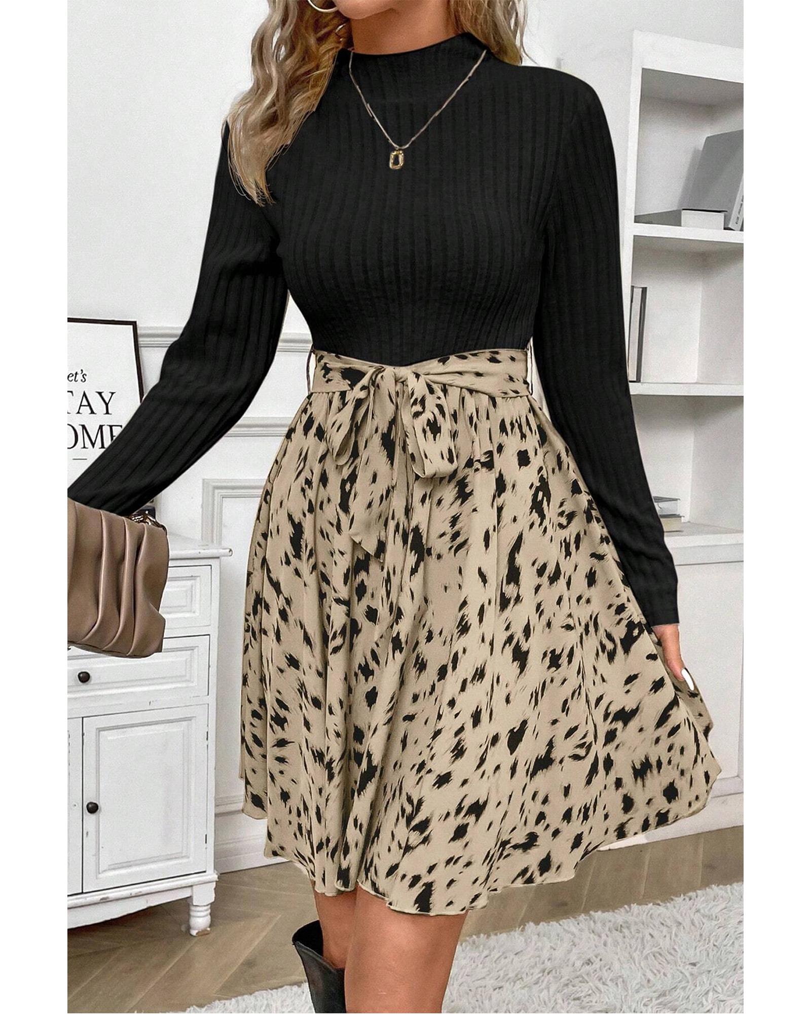 Black Ribbed Knit Patchwork Printed Belted A-line Dress - L