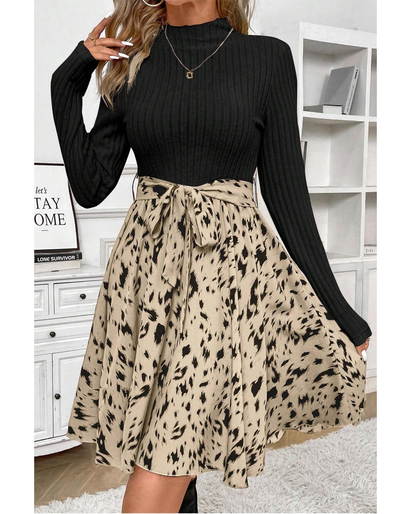 Black Ribbed Knit Patchwork Printed Belted A-line Dress - L