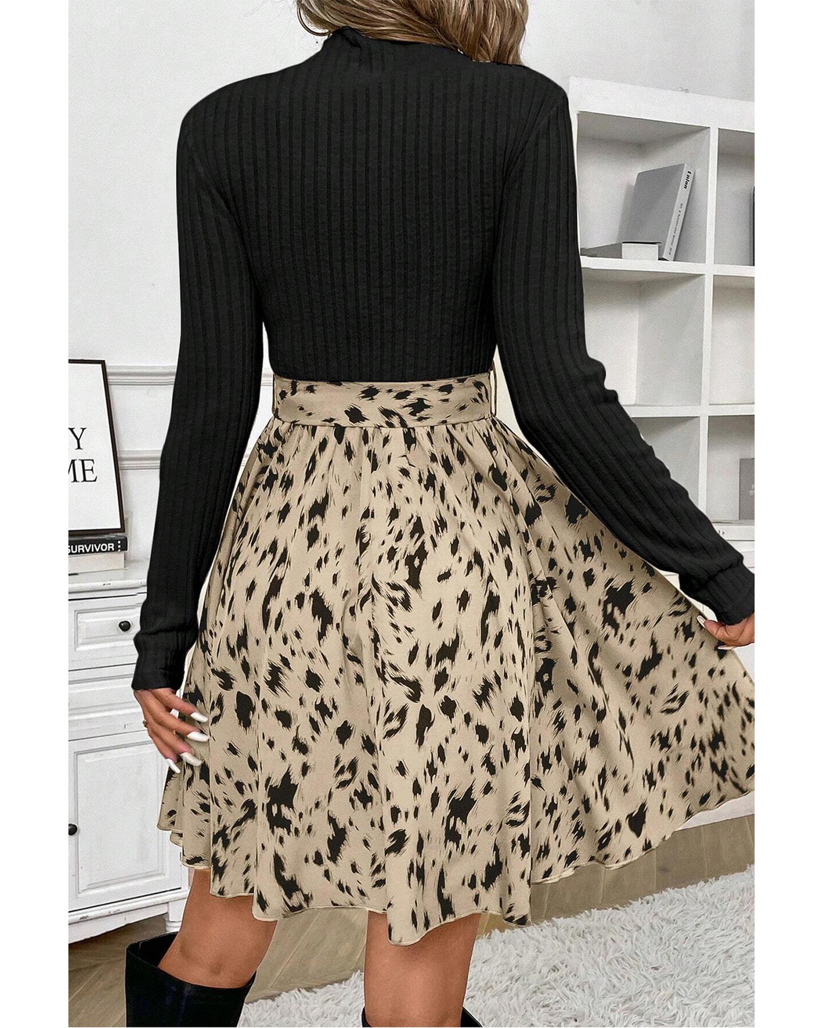 Black Ribbed Knit Patchwork Printed Belted A-line Dress - XL
