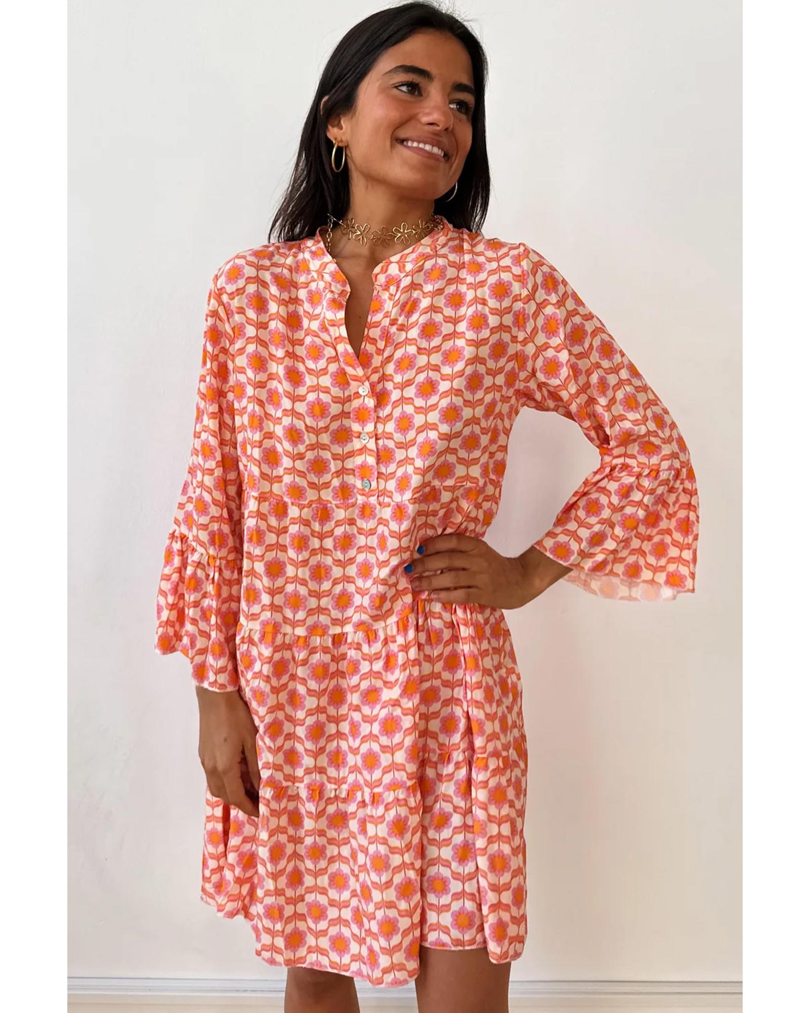 Orange Floral Print Flounce Sleeve Buttoned Front Mini Dress - L