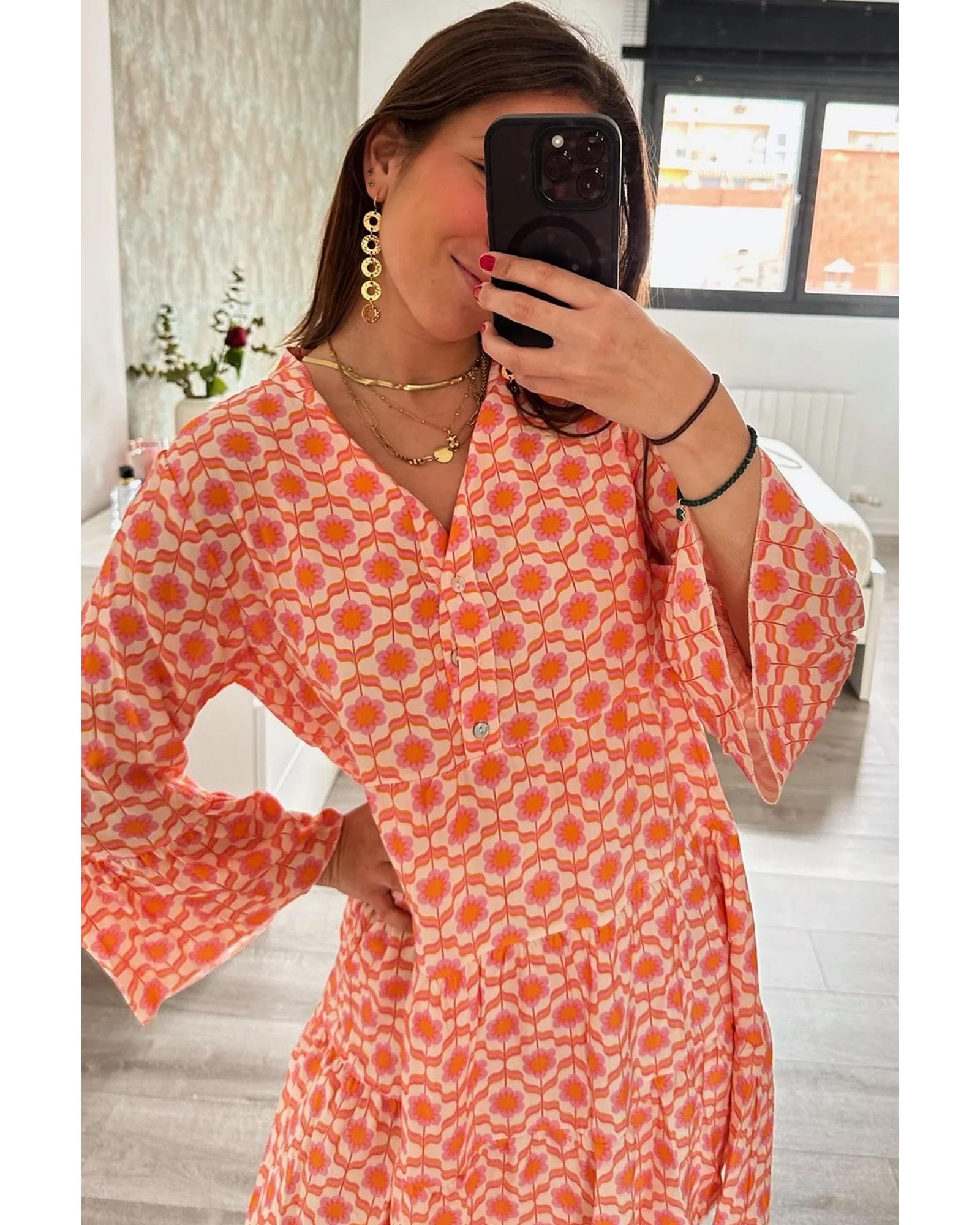 Orange Floral Print Flounce Sleeve Buttoned Front Mini Dress - L