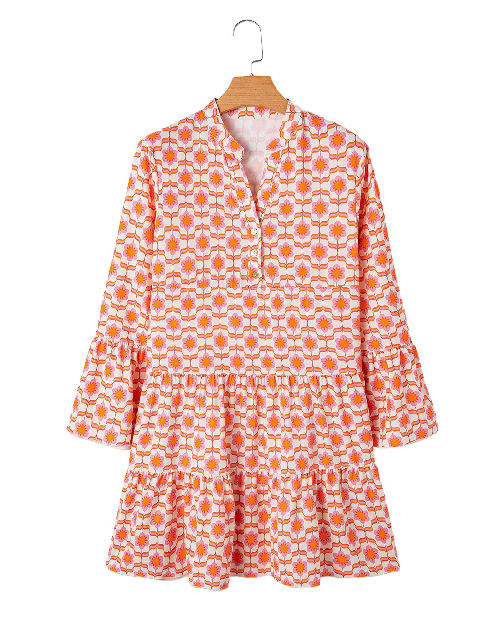 Orange Floral Print Flounce Sleeve Buttoned Front Mini Dress - L