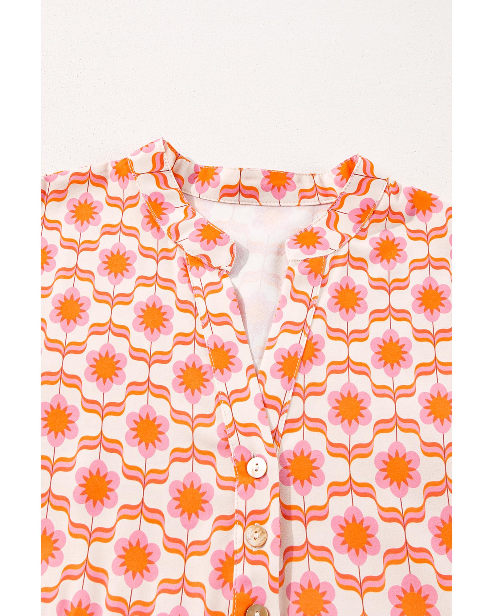 Orange Floral Print Flounce Sleeve Buttoned Front Mini Dress - L