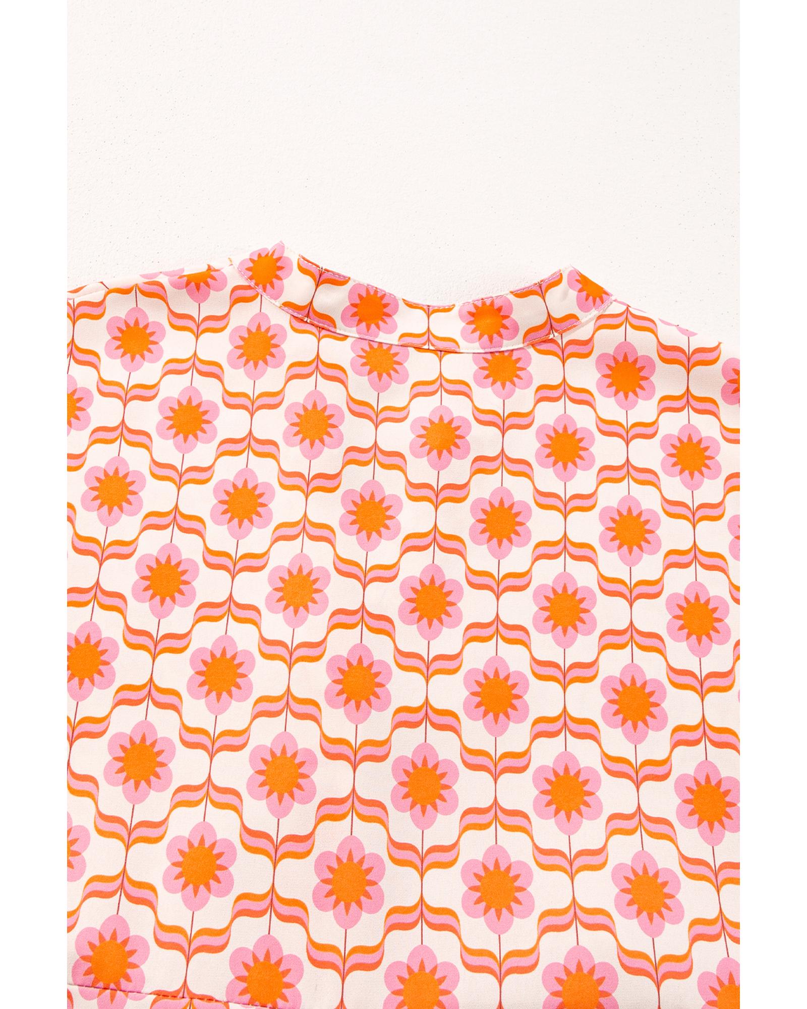 Orange Floral Print Flounce Sleeve Buttoned Front Mini Dress - L
