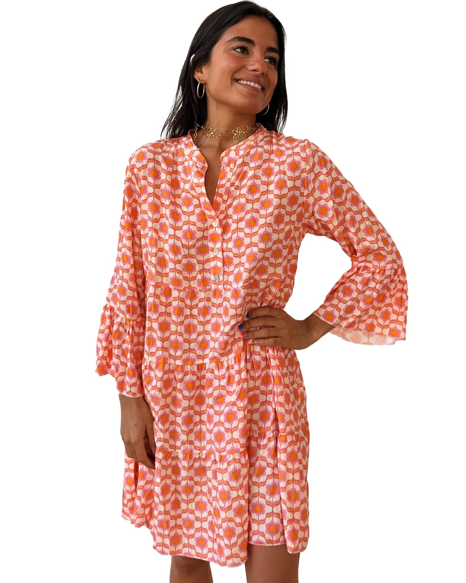 Orange Floral Print Flounce Sleeve Buttoned Front Mini Dress - L
