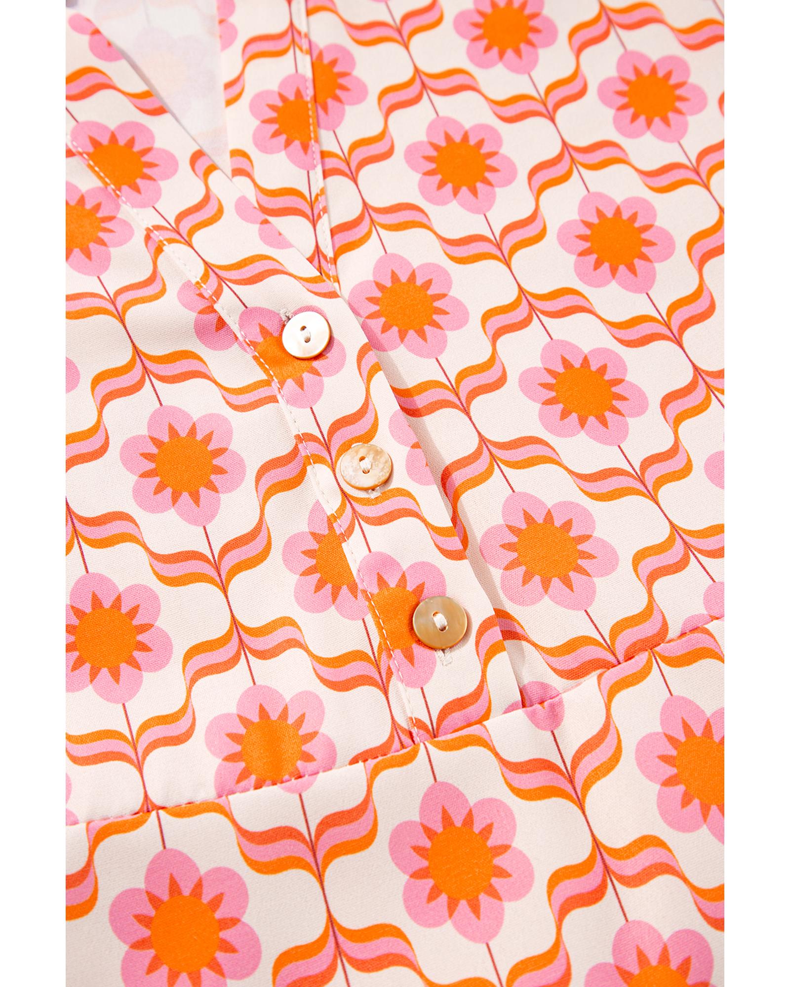 Orange Floral Print Flounce Sleeve Buttoned Front Mini Dress - L