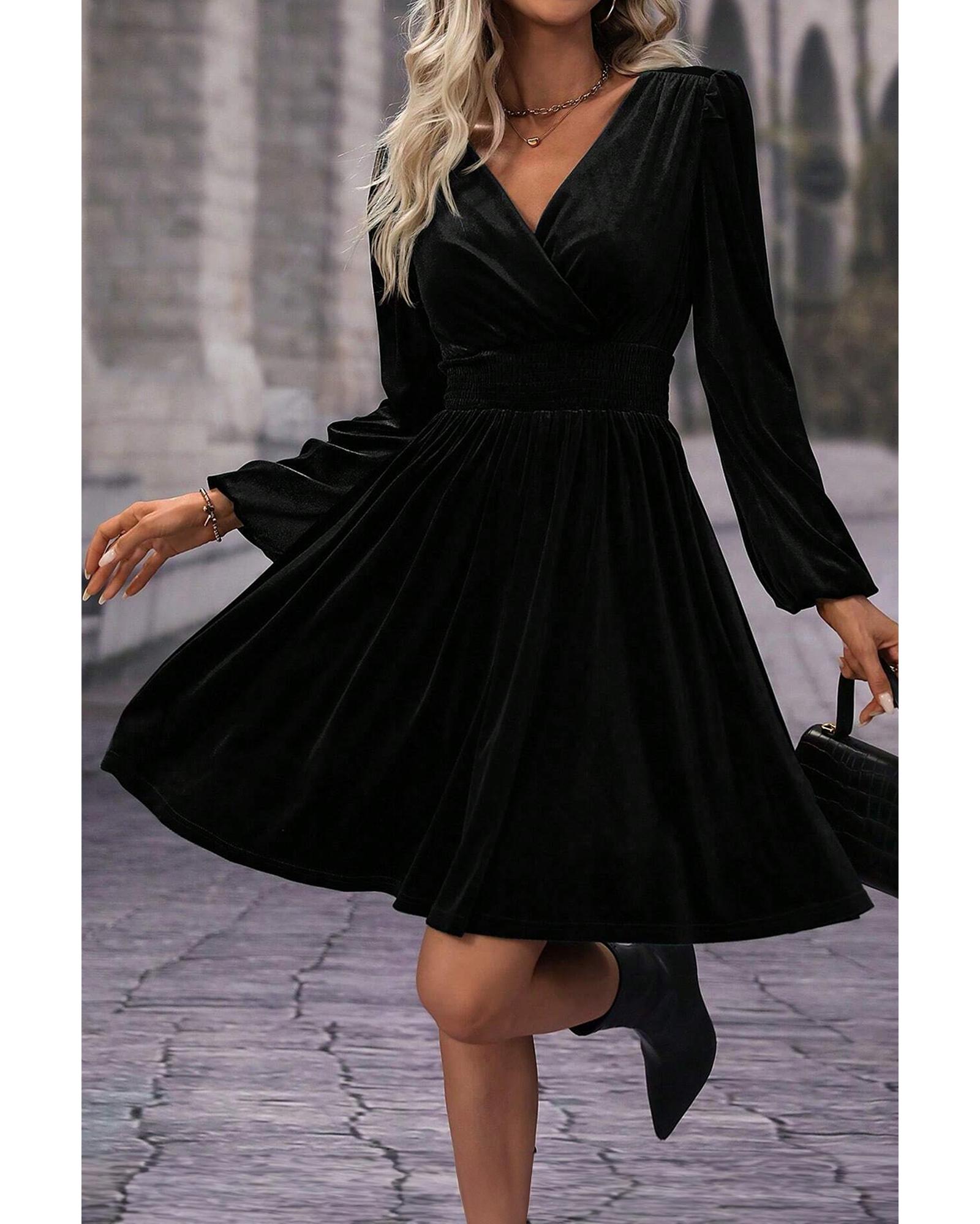 Black Velvet Long Sleeve Surplice High Waist Mini Dress - L