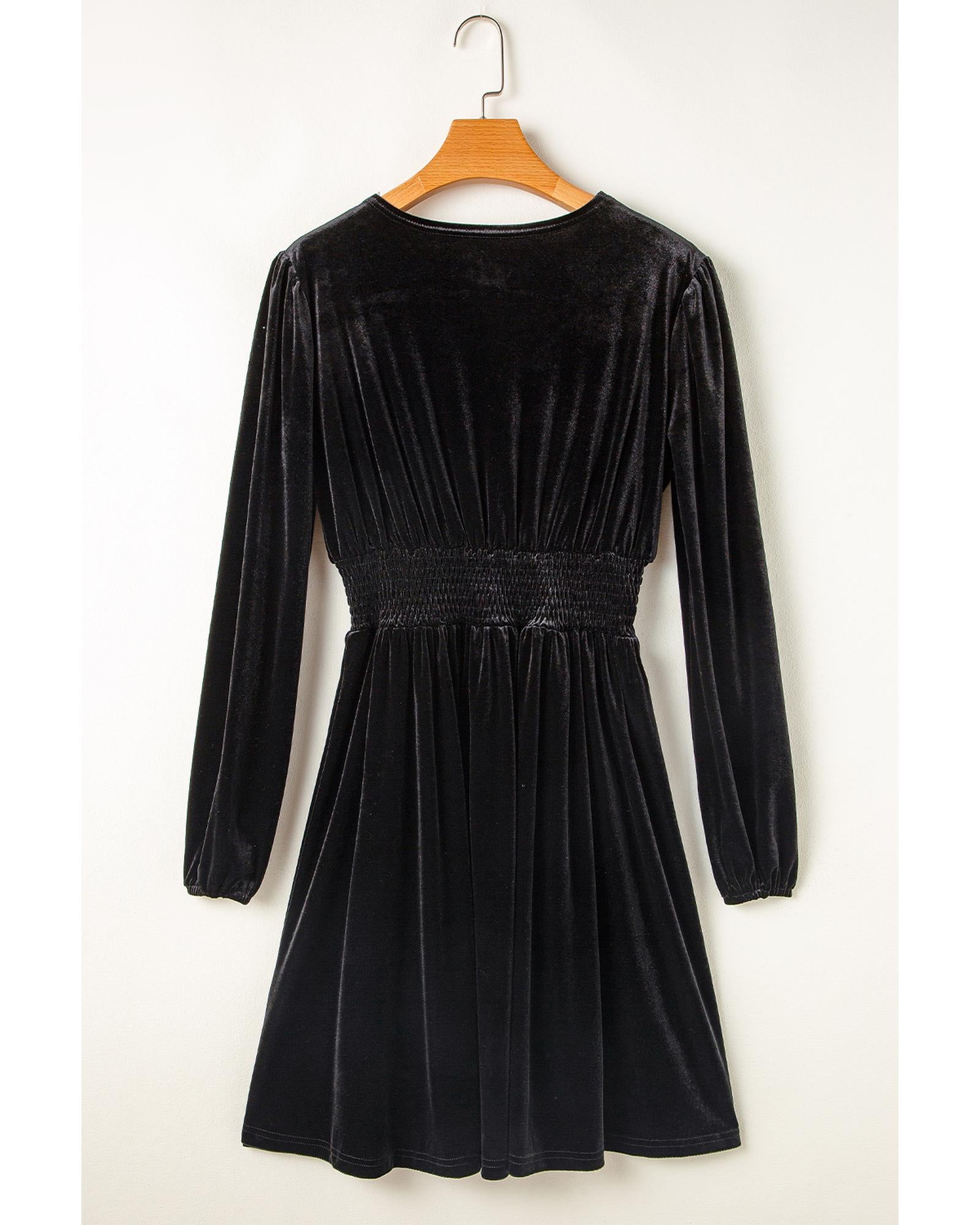 Black Velvet Long Sleeve Surplice High Waist Mini Dress - M