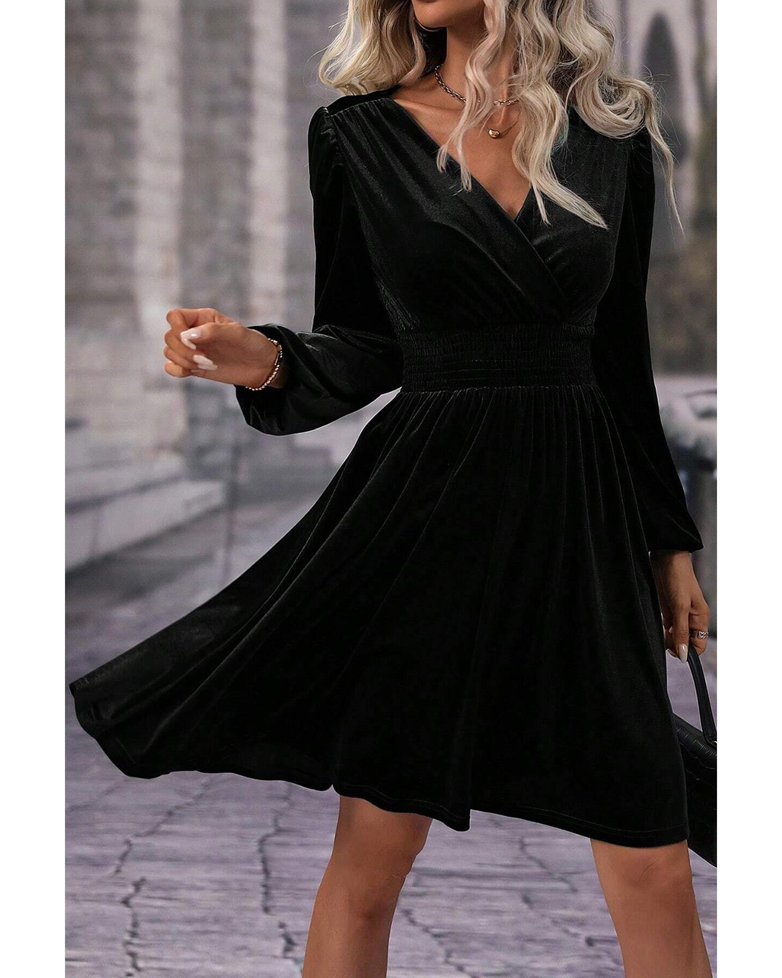 Black Velvet Long Sleeve Surplice High Waist Mini Dress - S