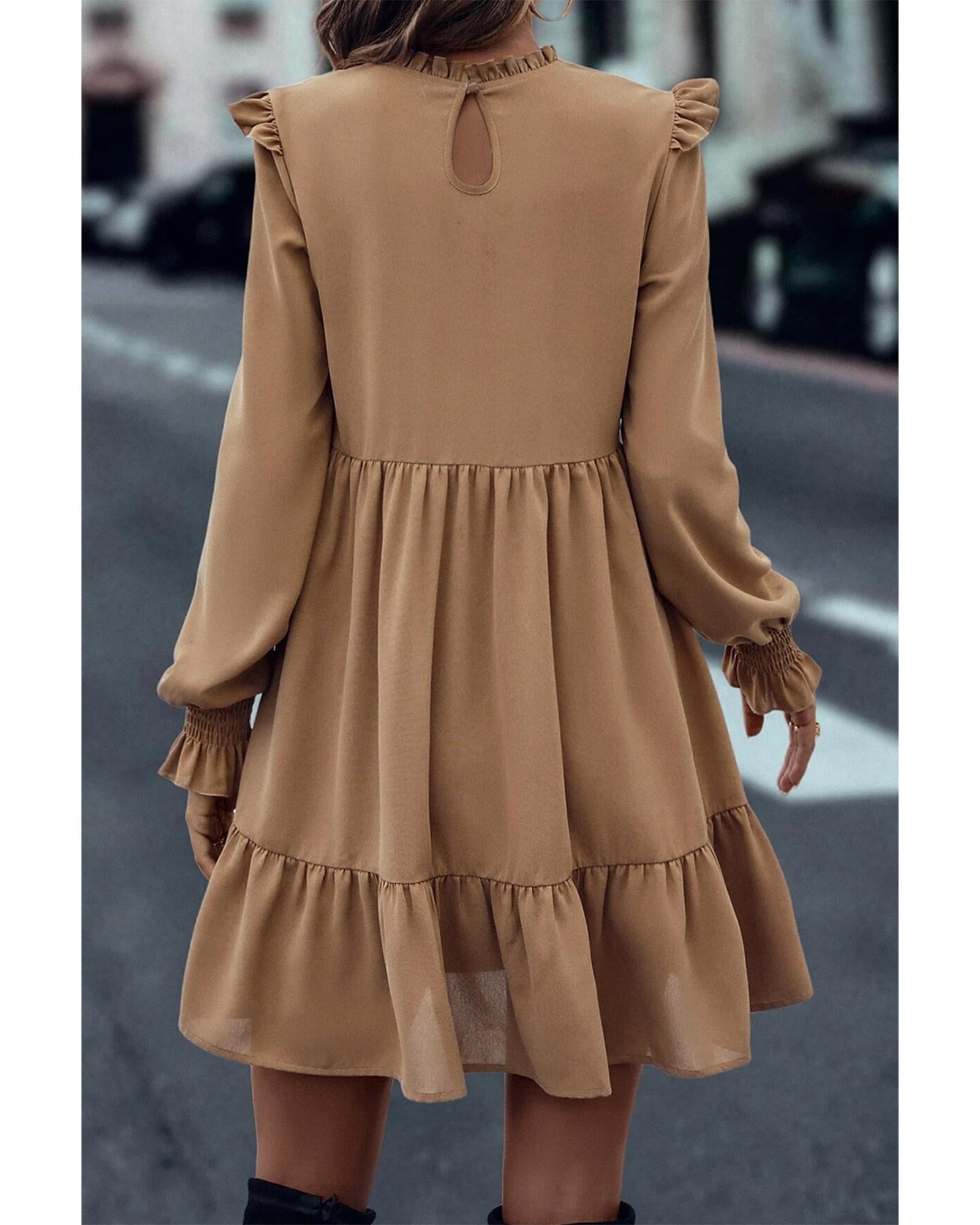 Light French Beige Frilled Collar Ruffled Shoulder Tiered Dress - L