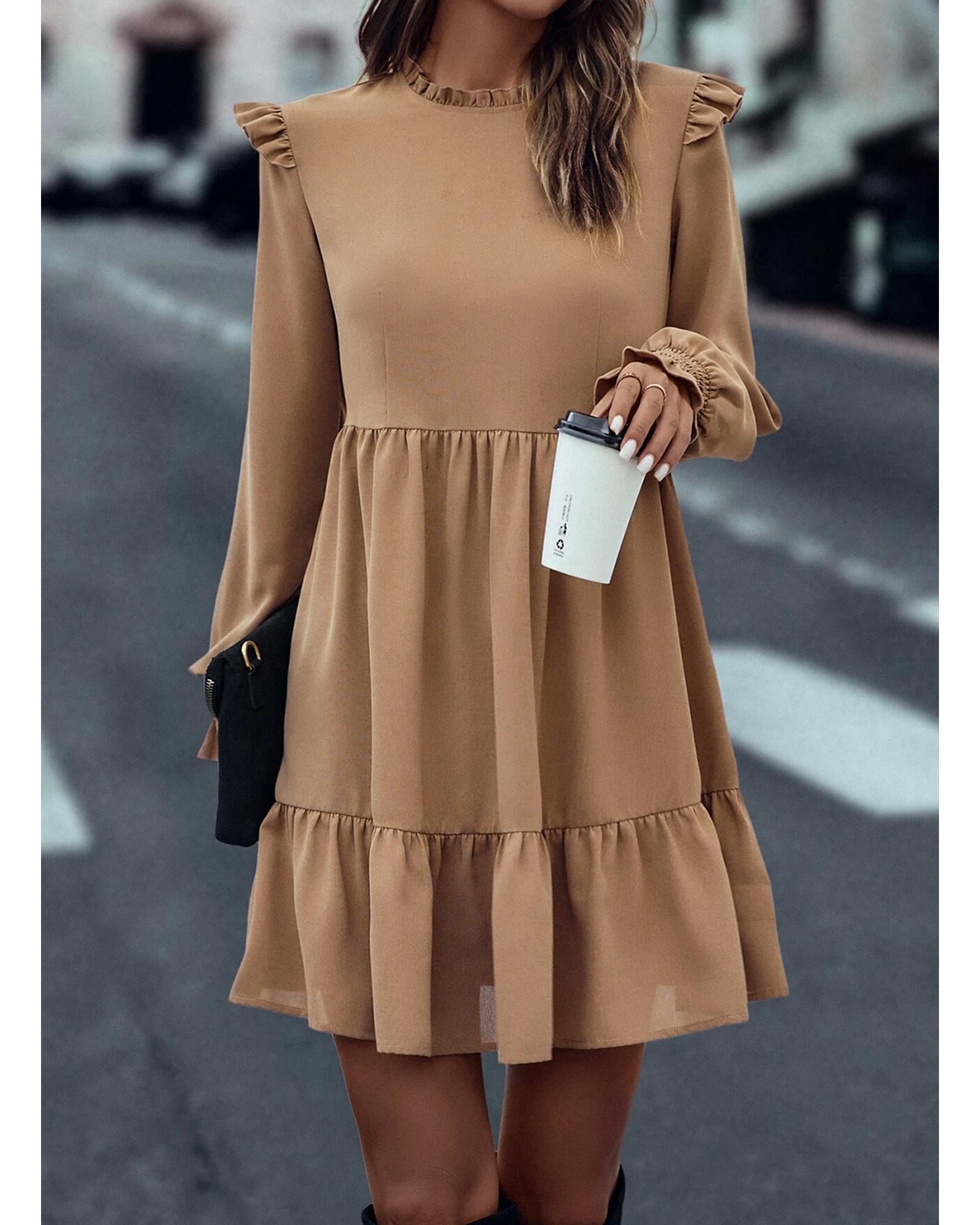 Light French Beige Frilled Collar Ruffled Shoulder Tiered Dress - L