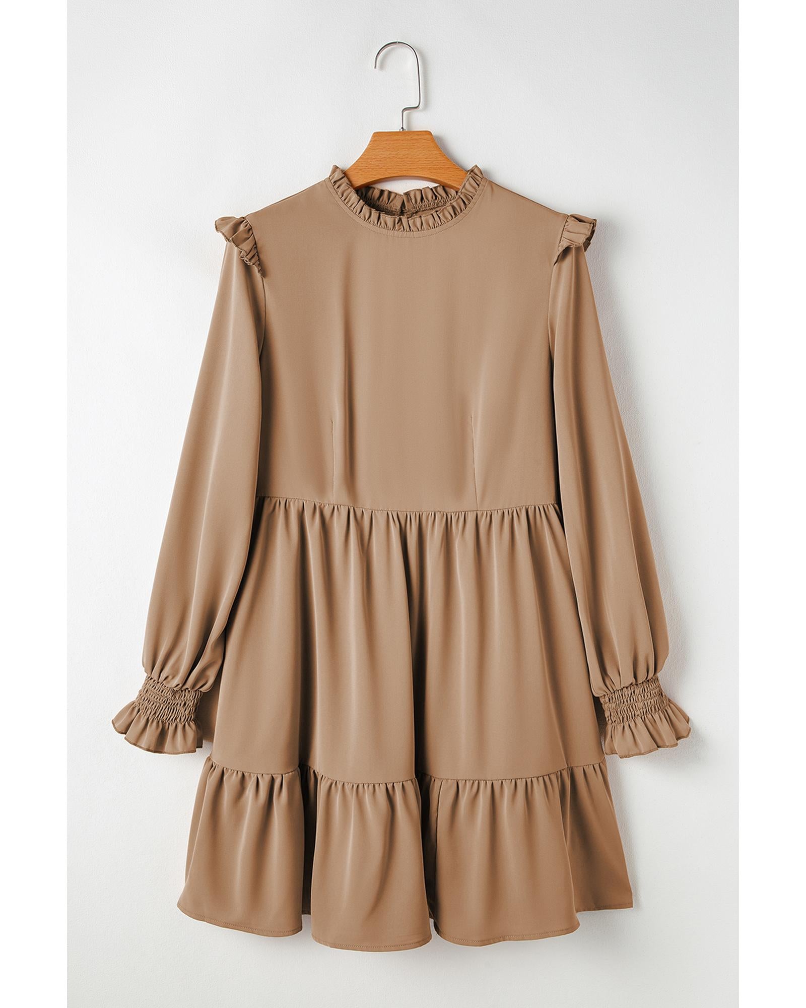 Light French Beige Frilled Collar Ruffled Shoulder Tiered Dress - L