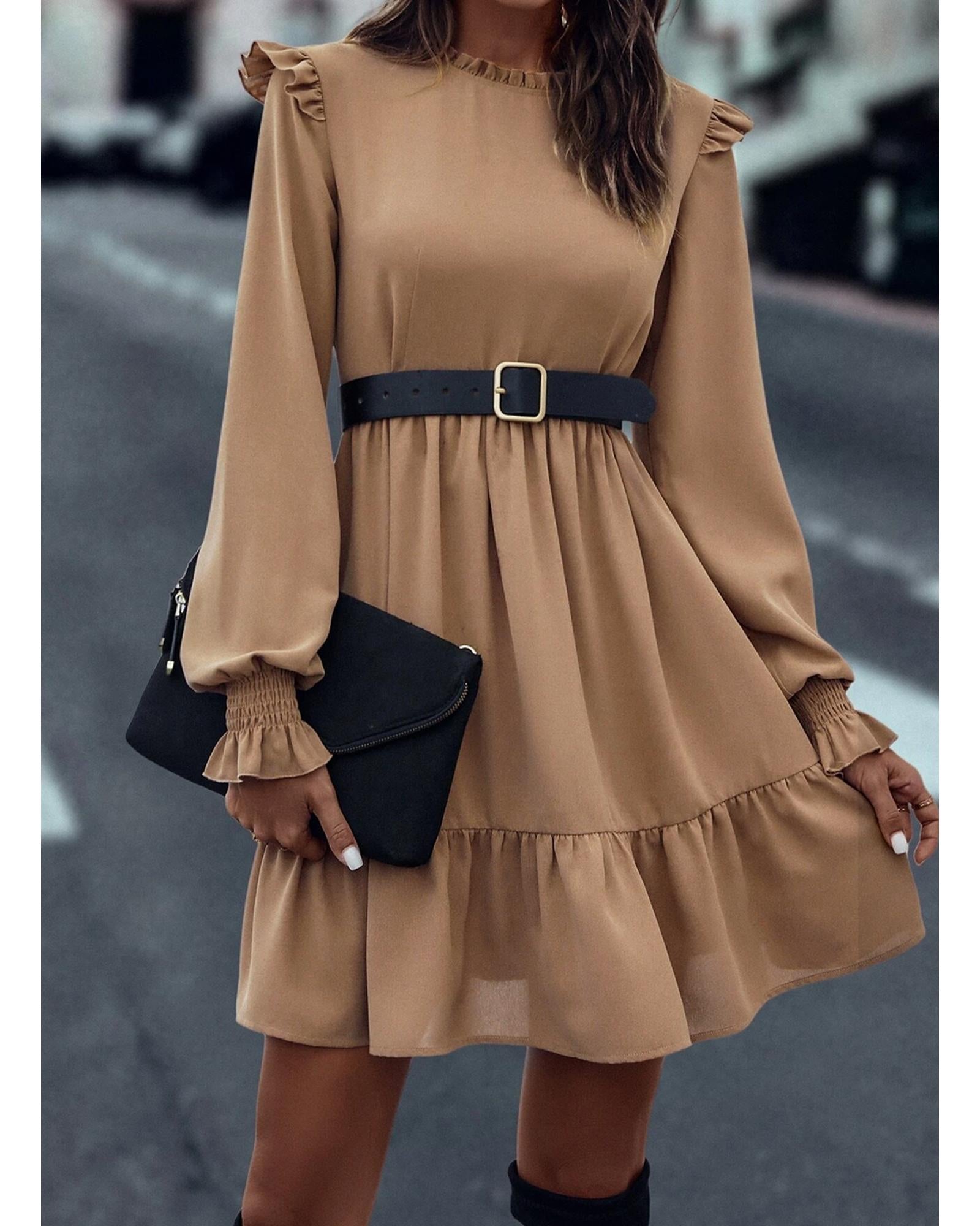 Light French Beige Frilled Collar Ruffled Shoulder Tiered Dress - M