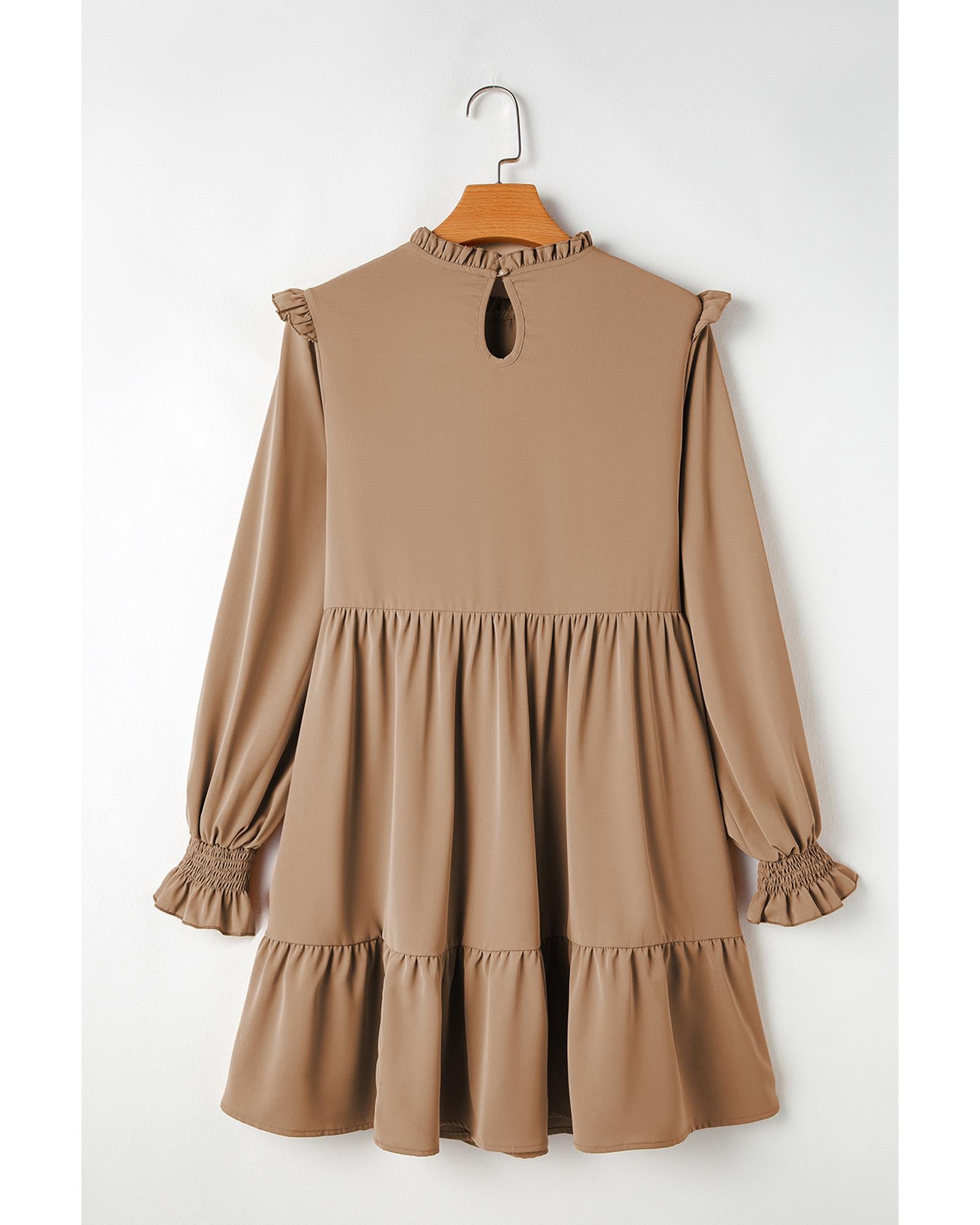 Light French Beige Frilled Collar Ruffled Shoulder Tiered Dress - M