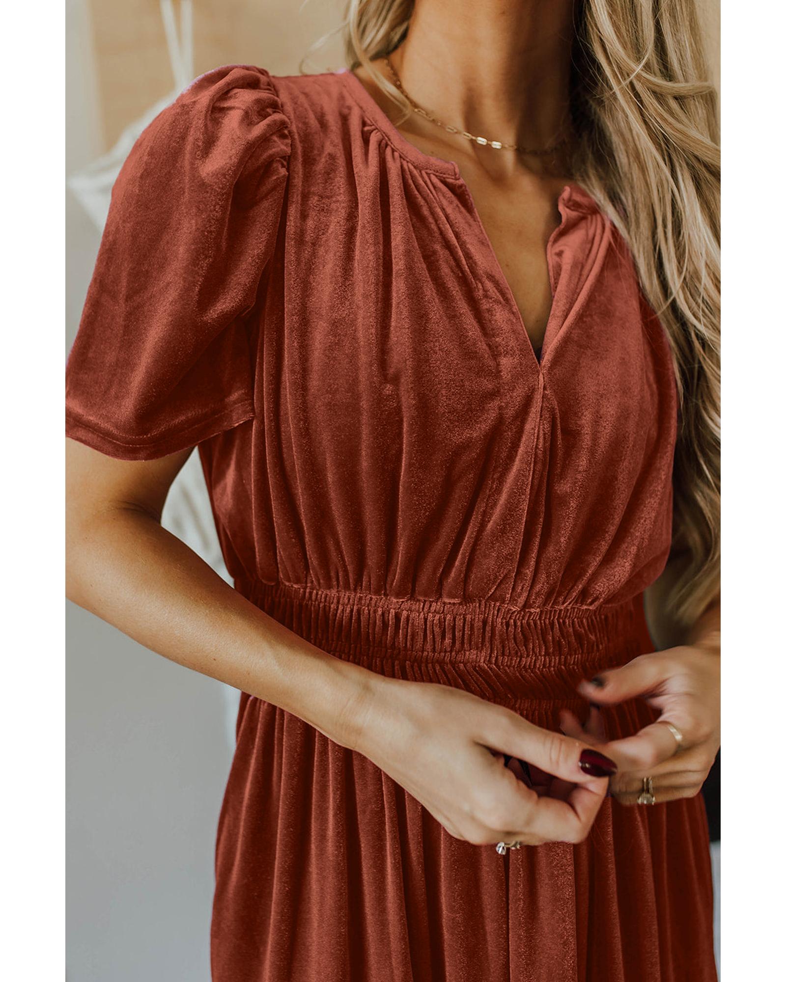 Chestnut Velvet Short Sleeve Shirred Waist Tiered Maxi Dress - M