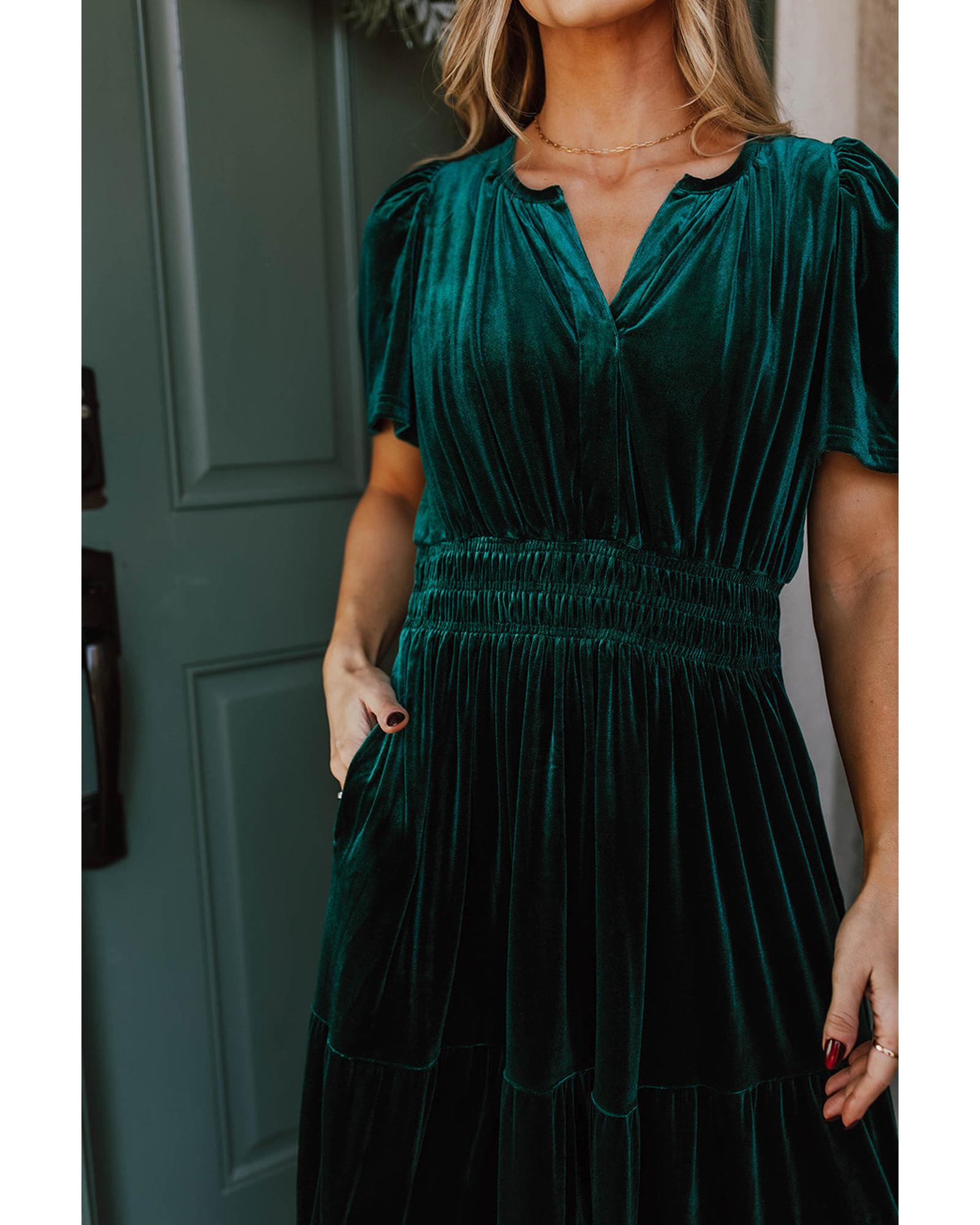 Evergreen Velvet Short Sleeve Shirred Waist Tiered Maxi Dress - S