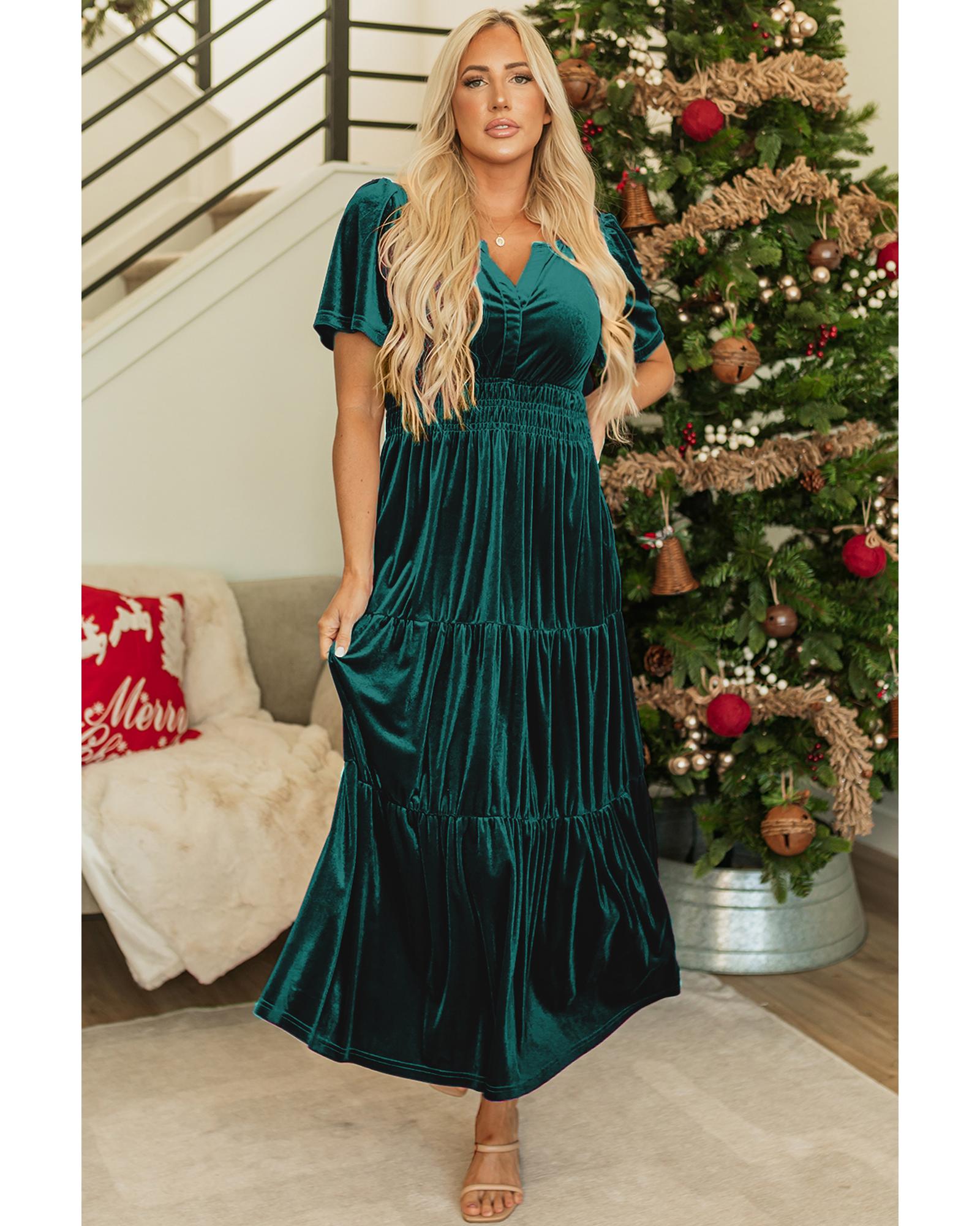 Evergreen Velvet Short Sleeve Shirred Waist Tiered Maxi Dress - S