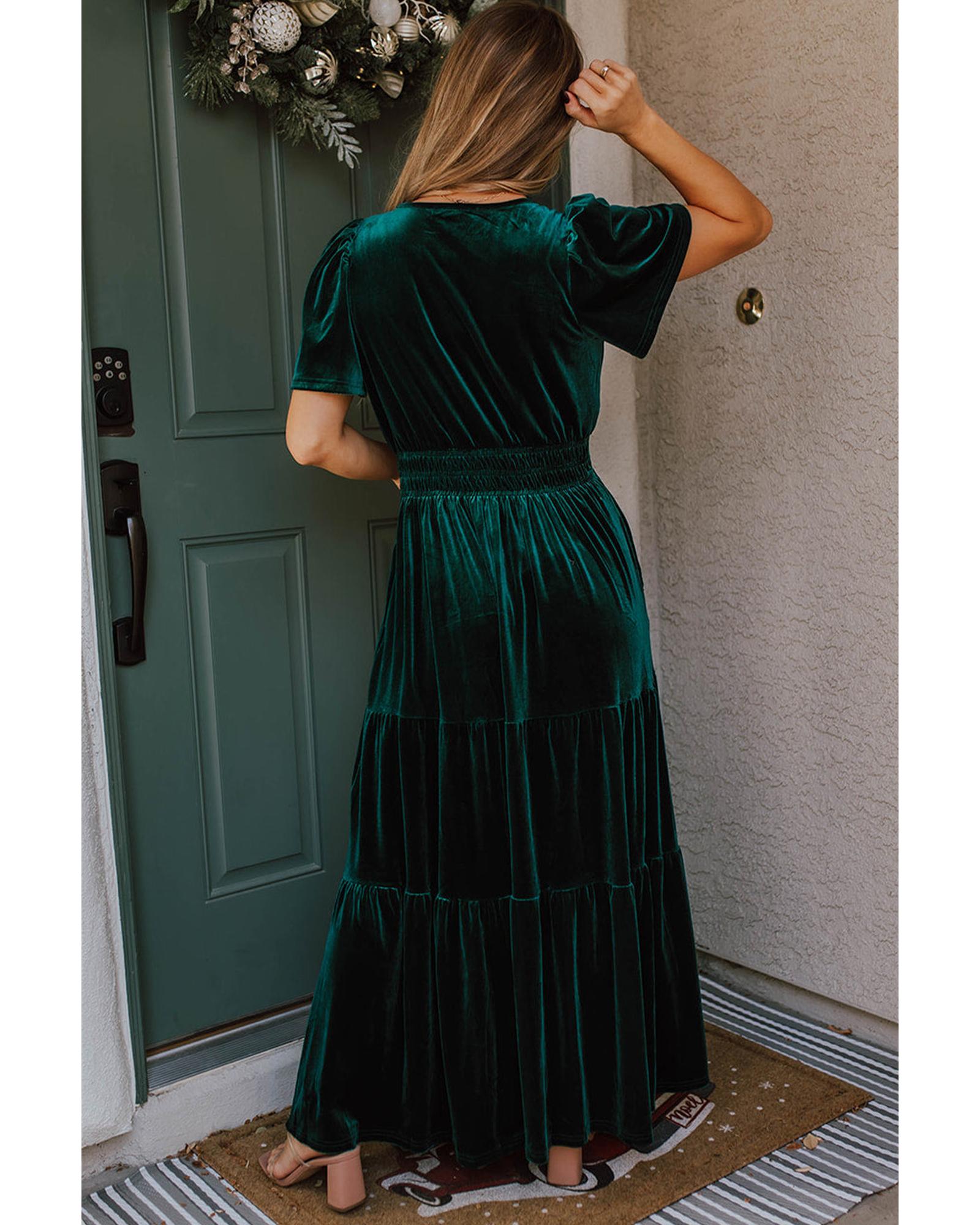 Evergreen Velvet Short Sleeve Shirred Waist Tiered Maxi Dress - XL
