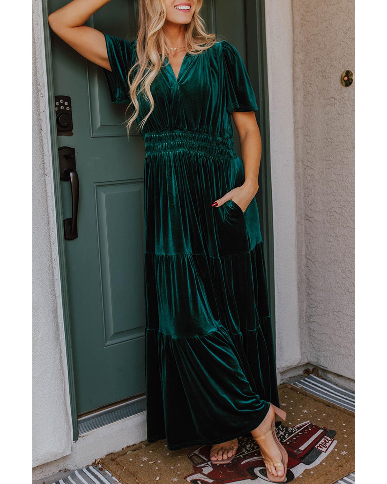 Evergreen Velvet Short Sleeve Shirred Waist Tiered Maxi Dress - XL