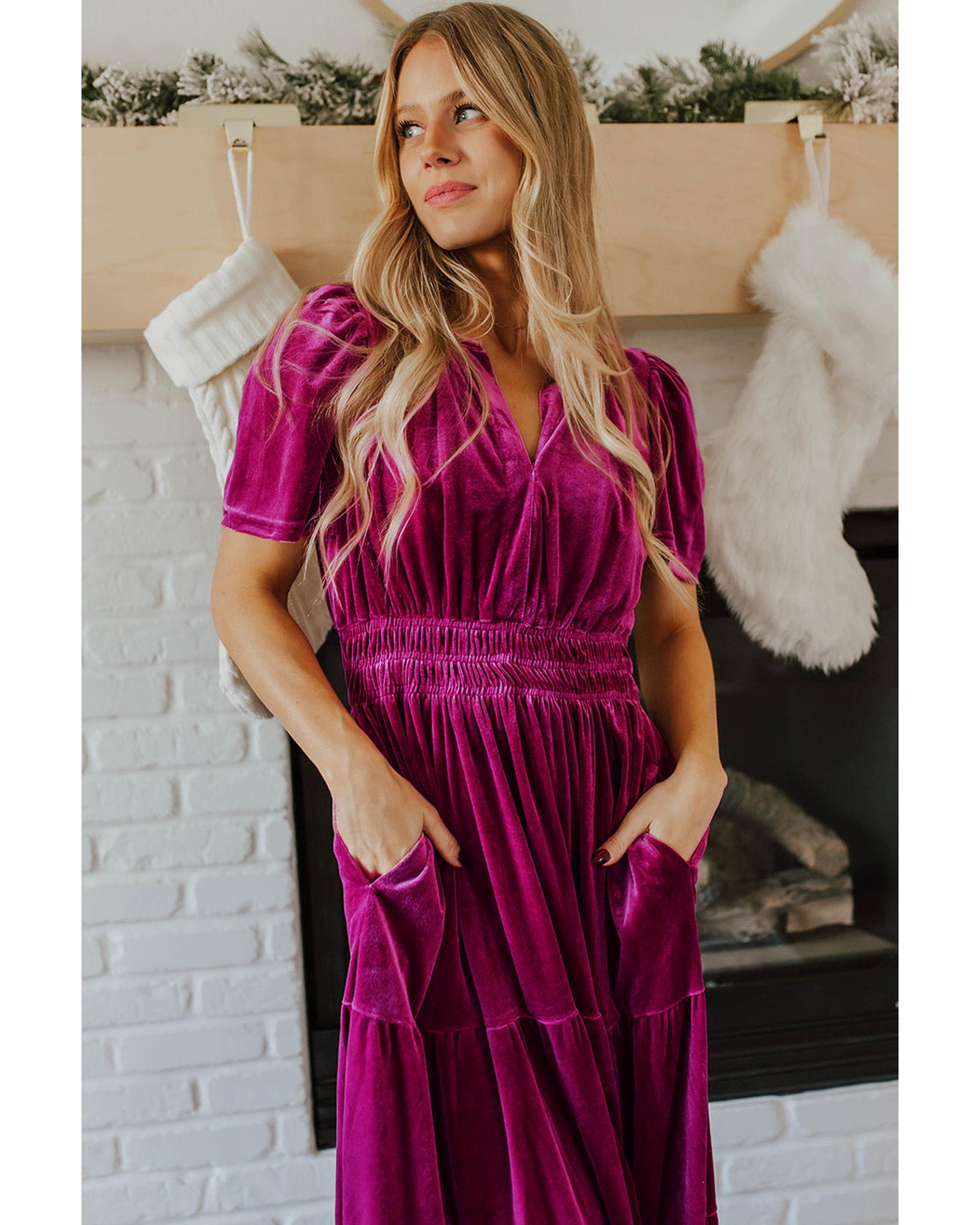 Red Dahlia Velvet Short Sleeve Shirred Waist Tiered Maxi Dress - L