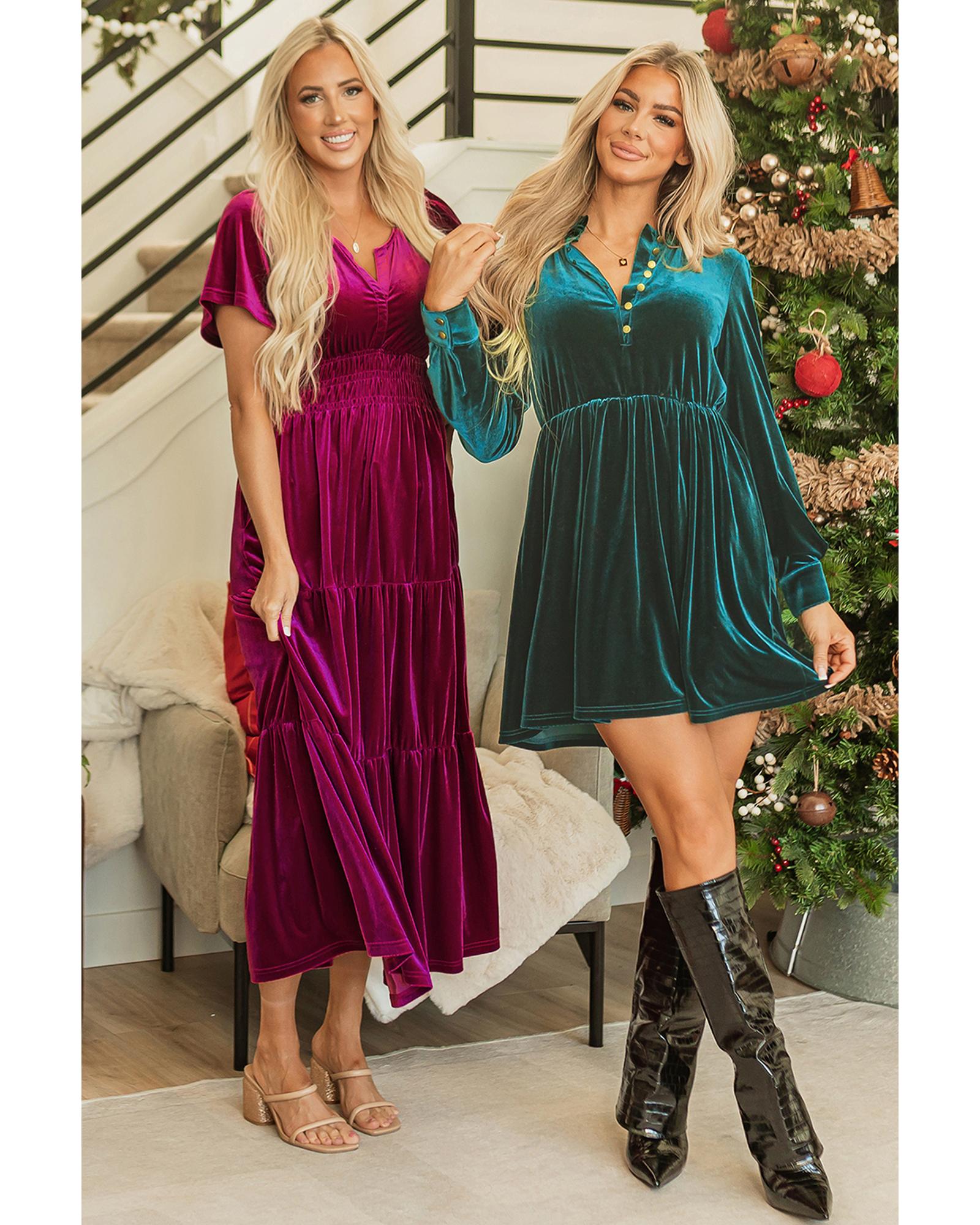 Red Dahlia Velvet Short Sleeve Shirred Waist Tiered Maxi Dress - L