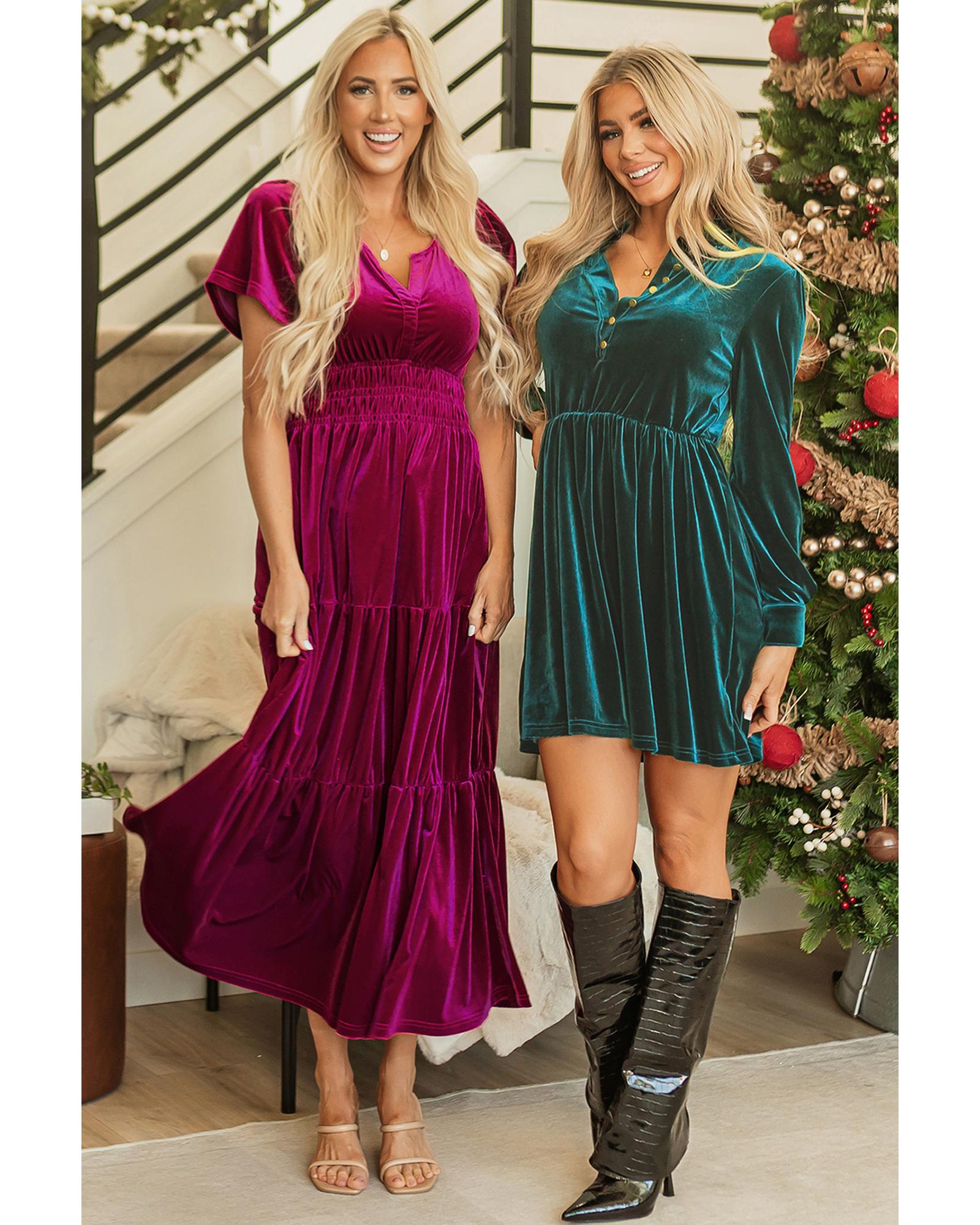Red Dahlia Velvet Short Sleeve Shirred Waist Tiered Maxi Dress - M