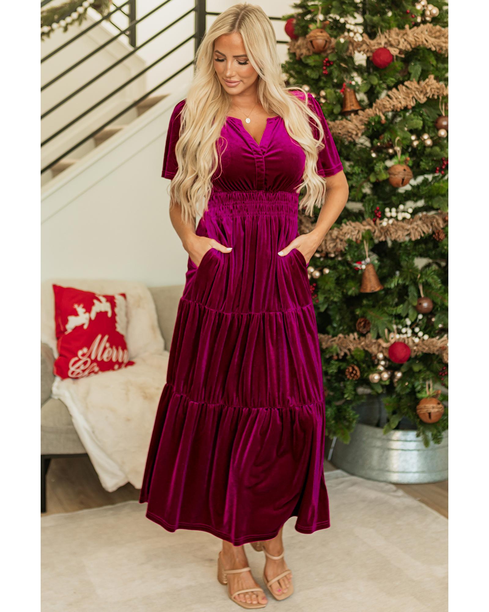 Red Dahlia Velvet Short Sleeve Shirred Waist Tiered Maxi Dress - S