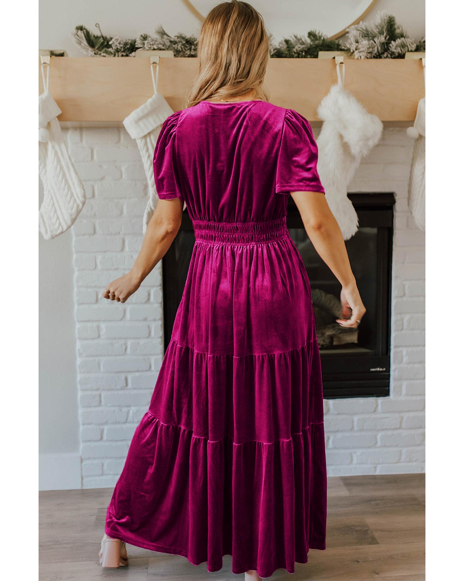 Red Dahlia Velvet Short Sleeve Shirred Waist Tiered Maxi Dress - S