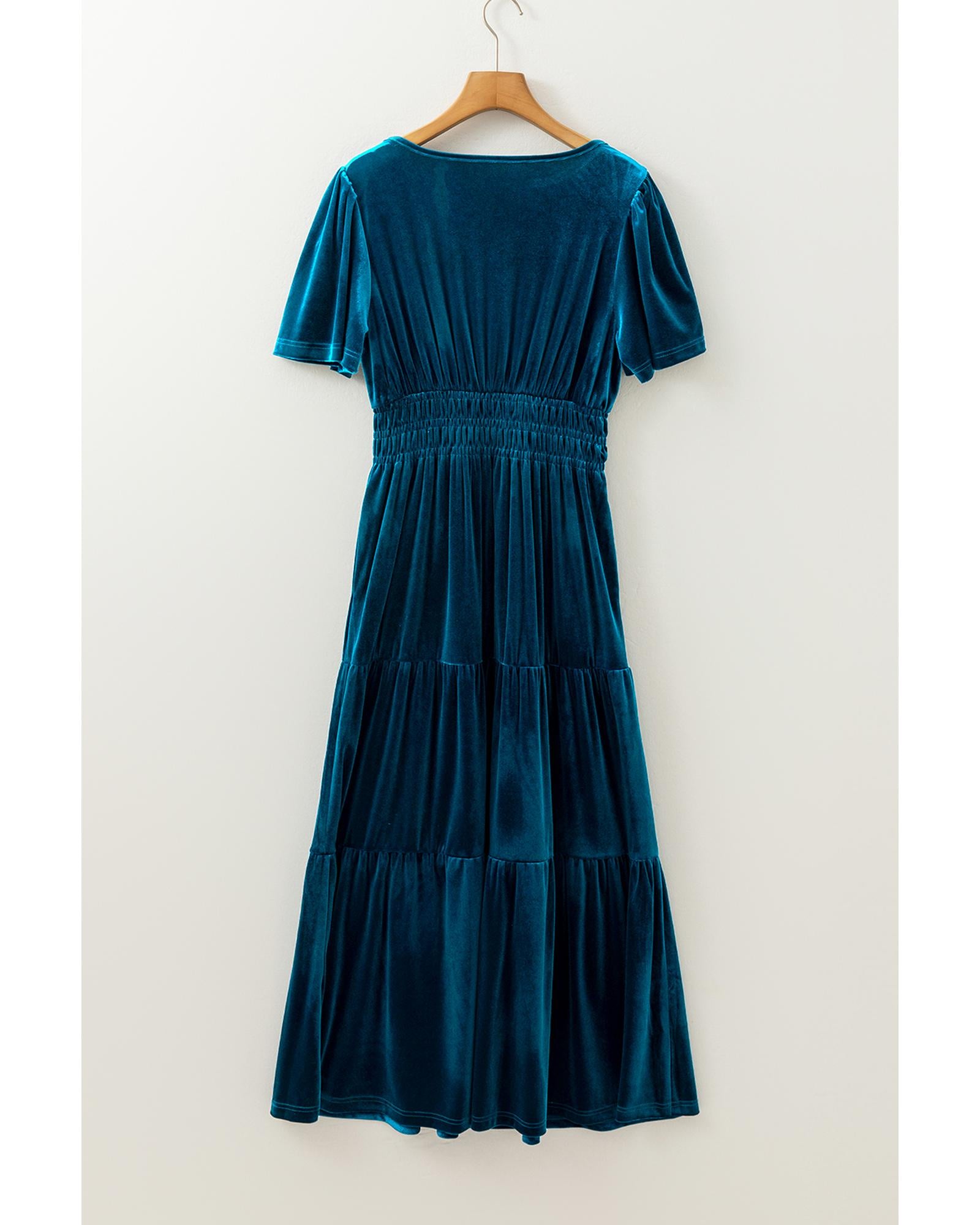 Prussian Blue Velvet Short Sleeve Shirred Waist Tiered Maxi Dress - M