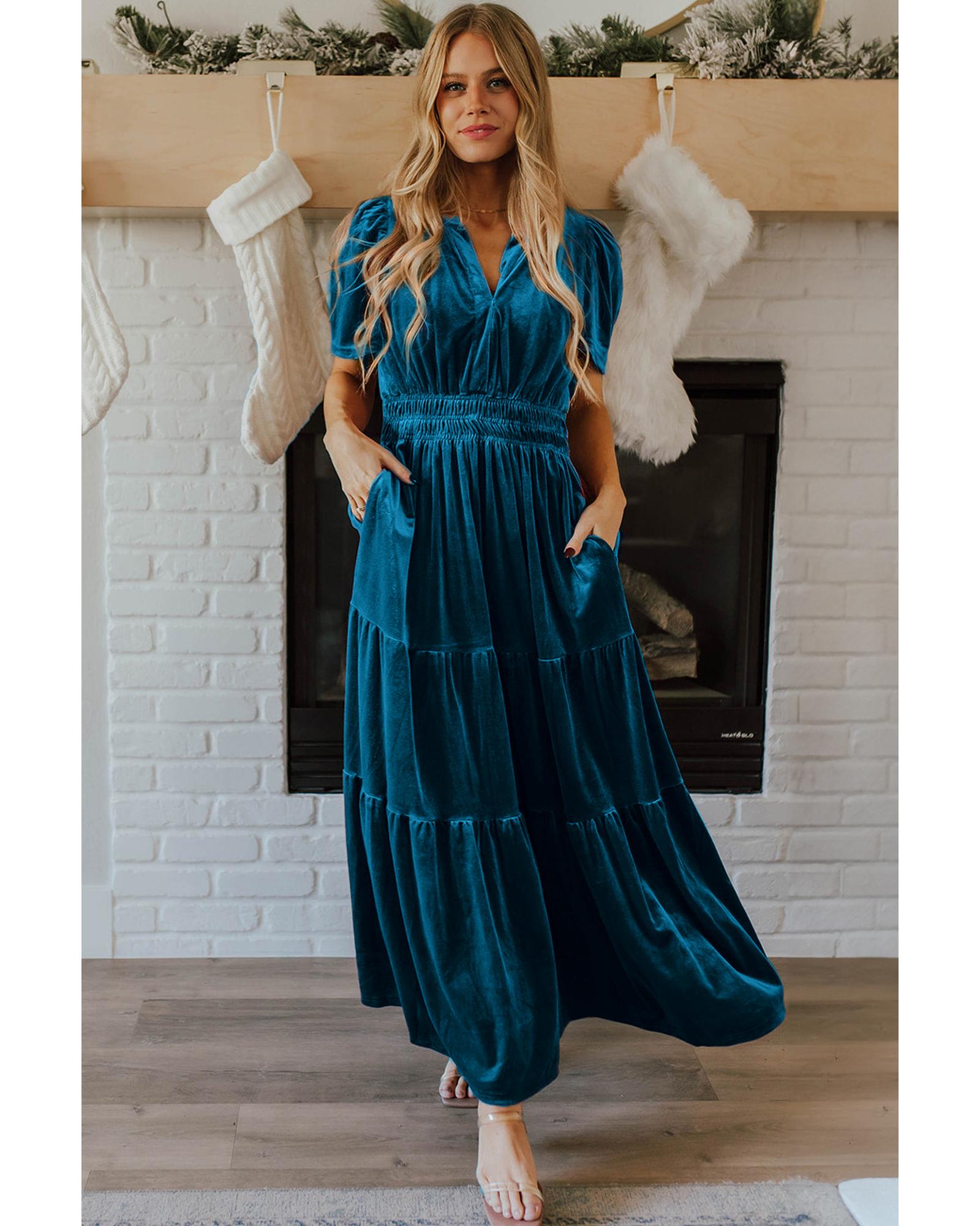 Prussian Blue Velvet Short Sleeve Shirred Waist Tiered Maxi Dress - M