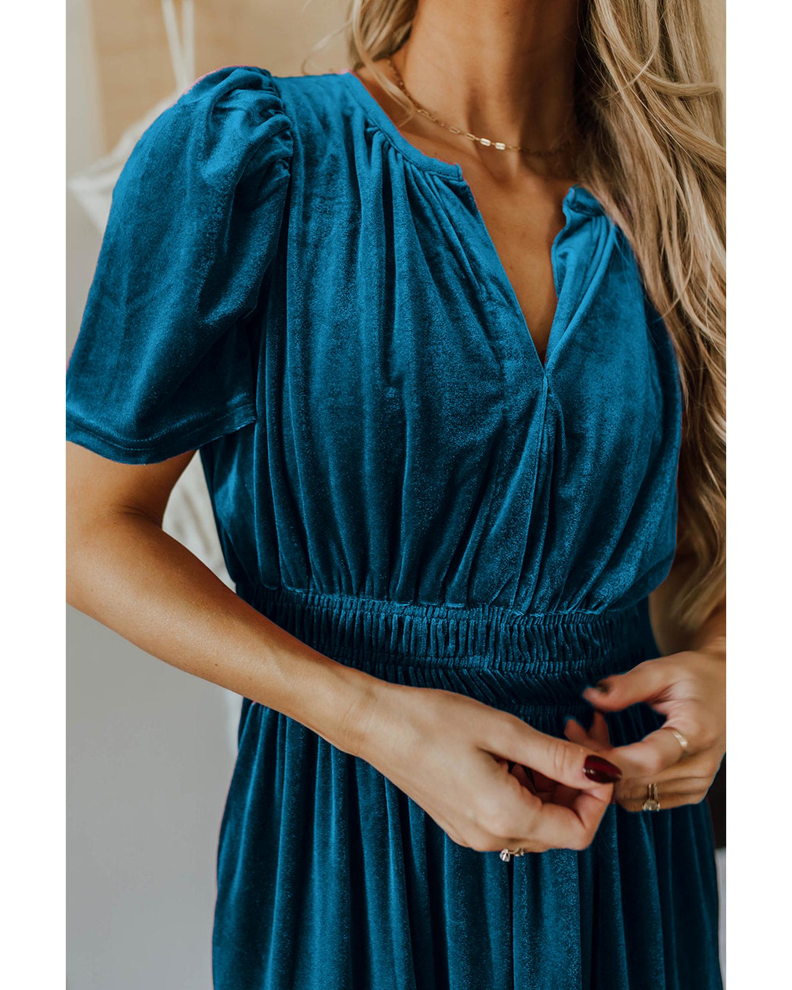 Prussian Blue Velvet Short Sleeve Shirred Waist Tiered Maxi Dress - M