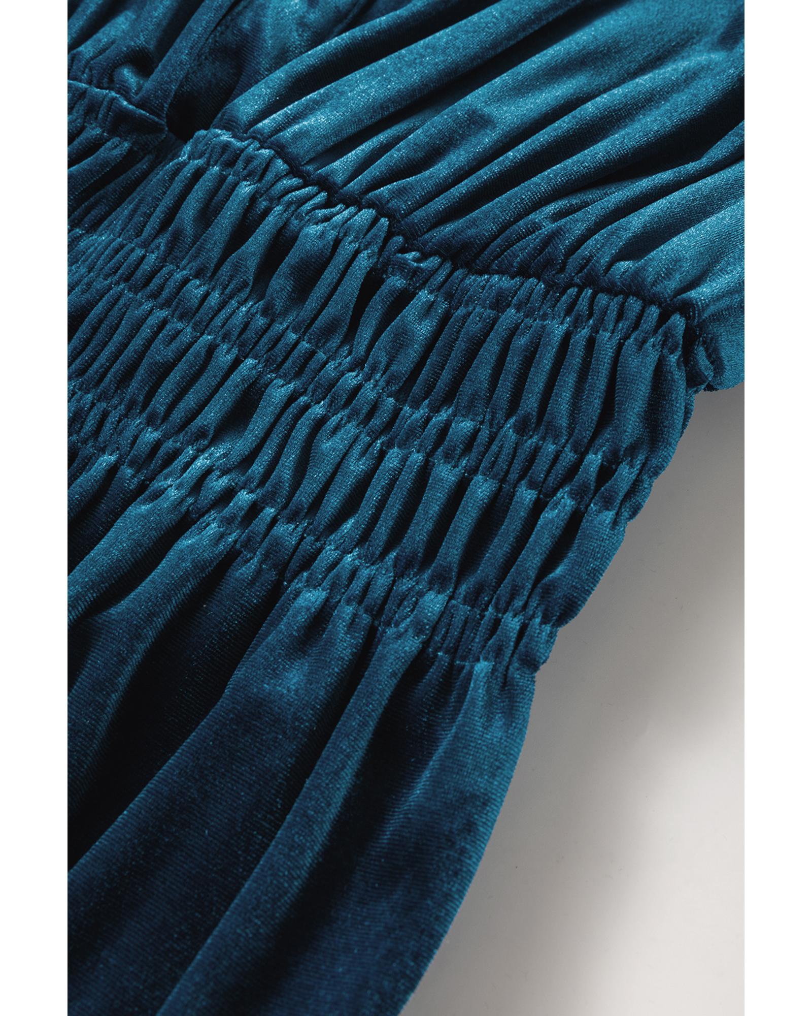Prussian Blue Velvet Short Sleeve Shirred Waist Tiered Maxi Dress - S