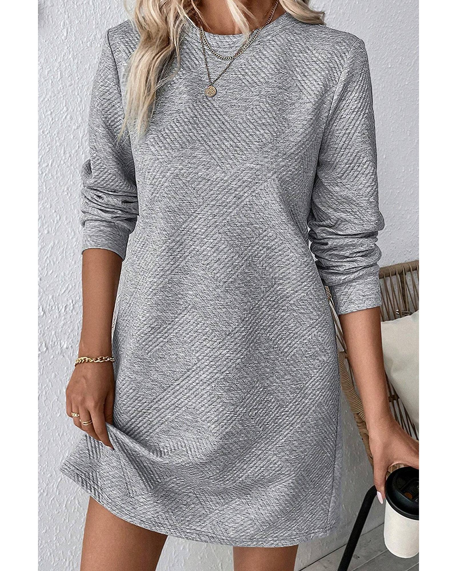 Gray Solid Color Textured Long Sleeve Shift Dress - L