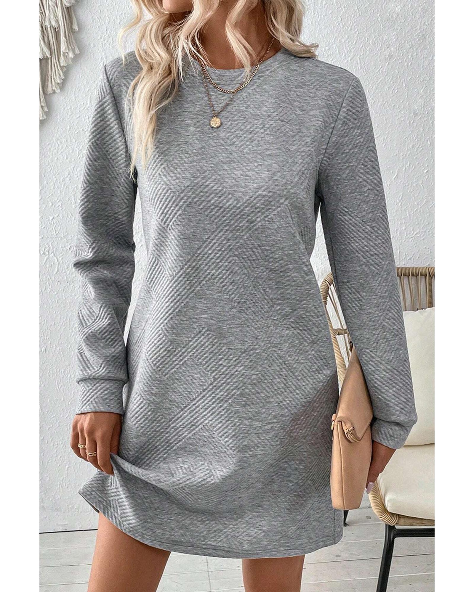 Gray Solid Color Textured Long Sleeve Shift Dress - L